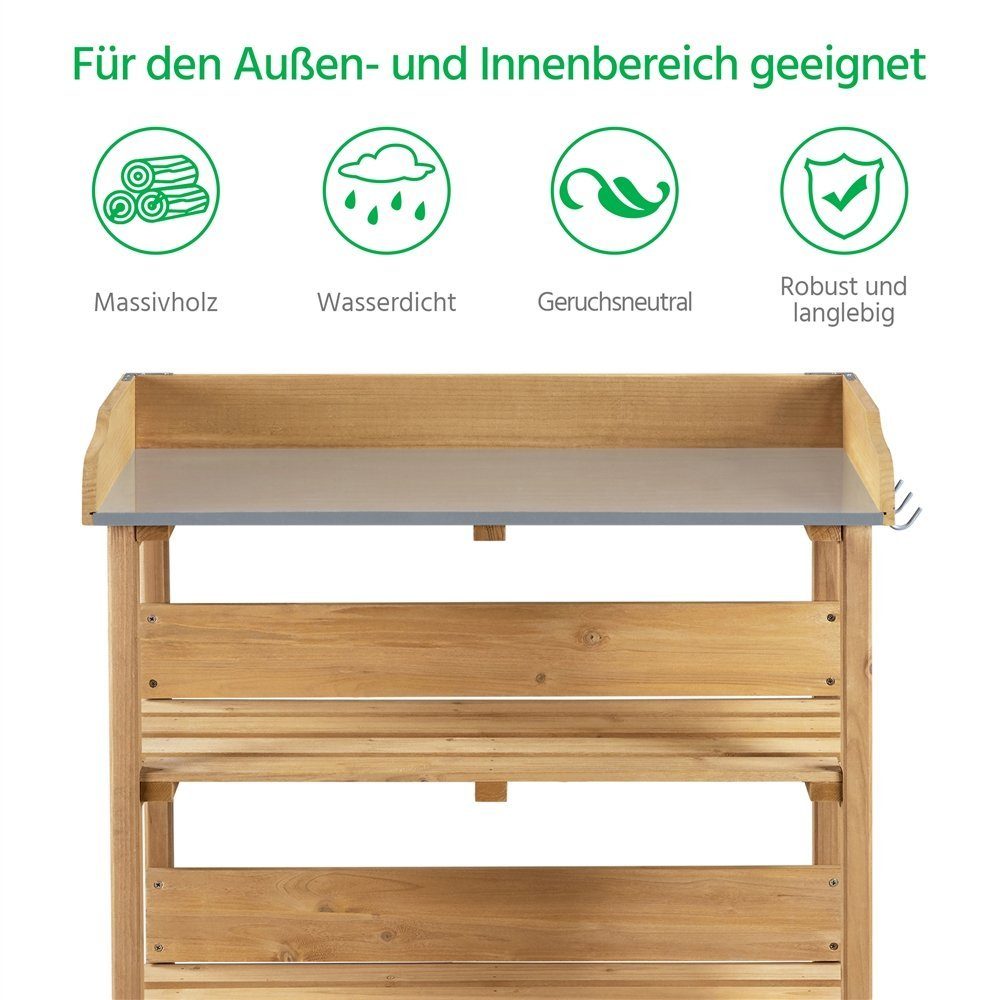 Yaheetech Outdoor Garden Table Garden Table 77 x 37 x 90 cm with Galvanized Worktop, 2 Storage Compartments and 3 Hooks Flower Table Made of Pine Wood for Garden, Balcony, Patio, Grey