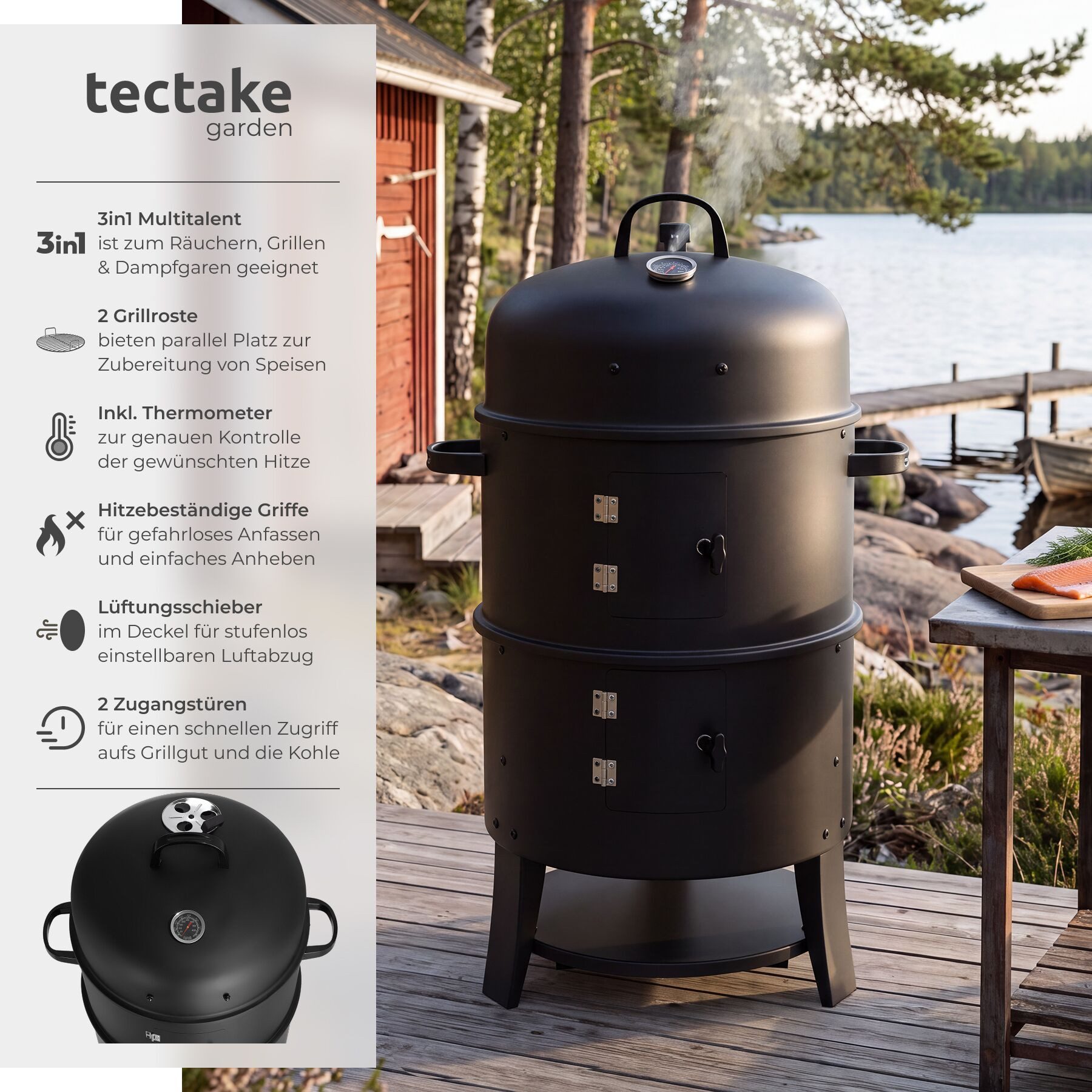 tectake Holzkohlegrill Smokerfass 3in1 mit 2 Rosten, Fasssmoker, in Schwarz, Inkl. Kohlerost, Ascheschale und Wasserschale für vielseitige Nutzung