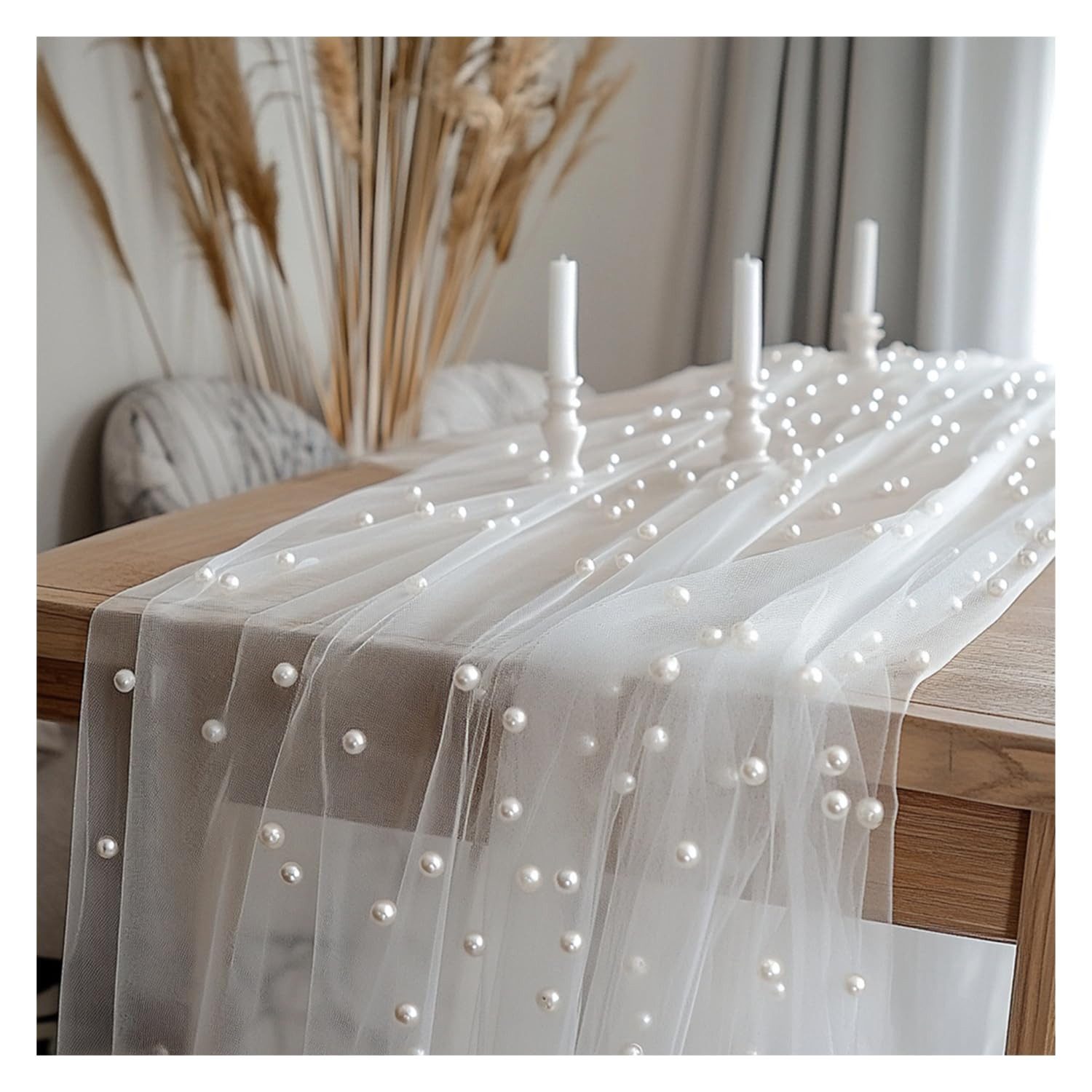 Agger Tischläufer Eleganter Tischläufer,Perlenverzierter Tischläufer aus Netz Tüllstoff (2-tlg), Tischdecke für Boho-Hochzeit, Geburtstagsfeier,0.75*3m,transparent