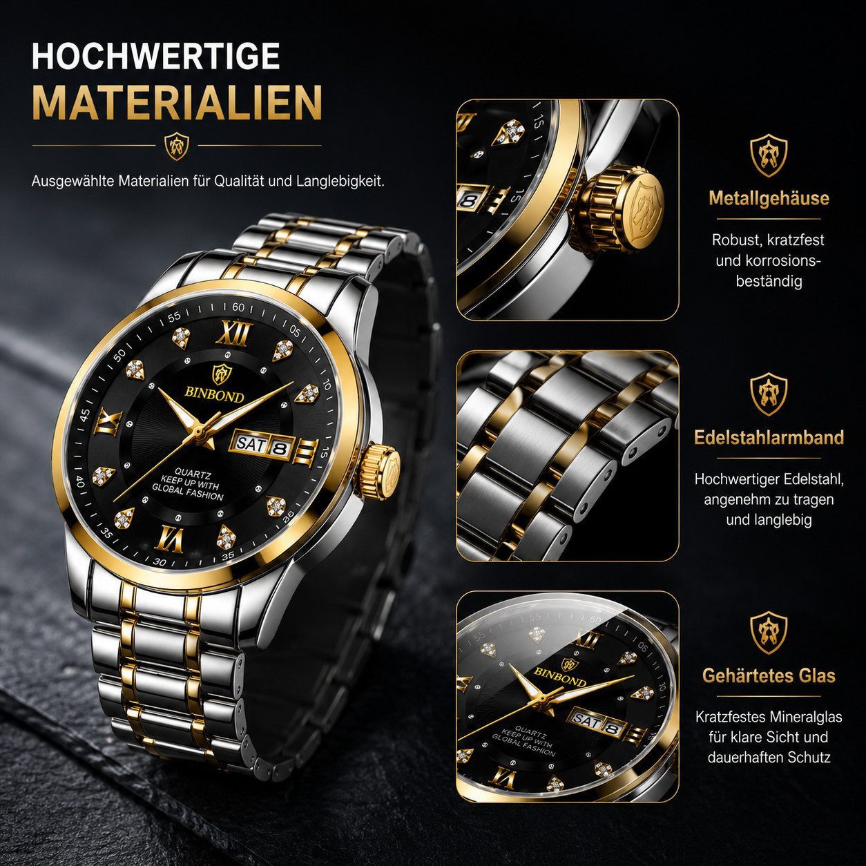 Fyrove Quarzuhr Herrenuhr Chronograph 44 mm mit Edelstahlarmband, Datum & Wochentag, (Leuchtzeigern, Mineralglas, Quarzwerk, 30 m spritzwassergeschützt, Uhrenbox), Chronograph, Datum, Wochentag, Leuchtfunktion