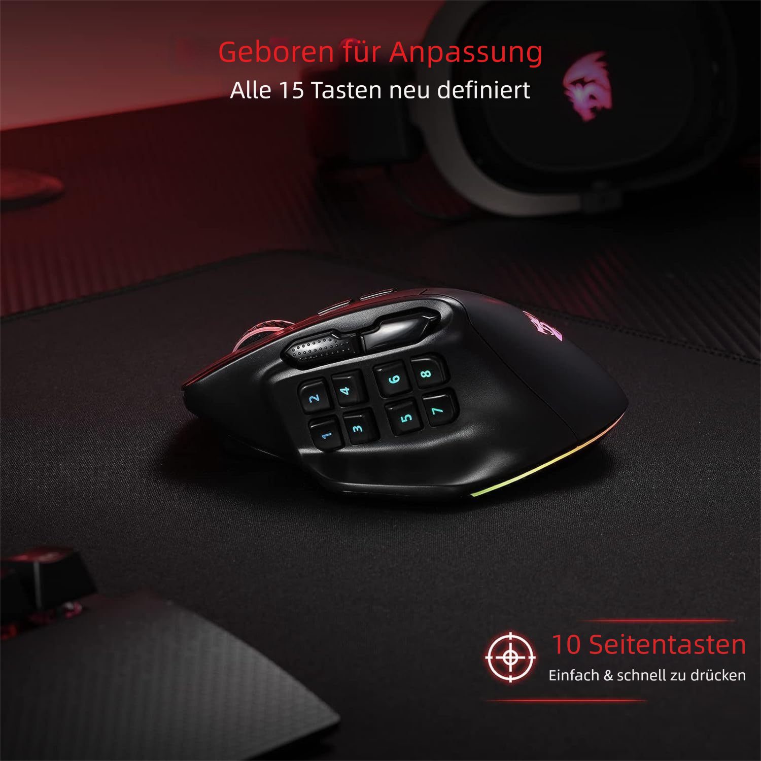 Redragon M811 Aatrox Kabellose, Ergonomisches Design für PC & Gamer Gaming-Maus (kabelgebunden, RF Wireless, 15 programmierbare Tasten, 5 DPI-Stufen, RGB-Beleuchtung)