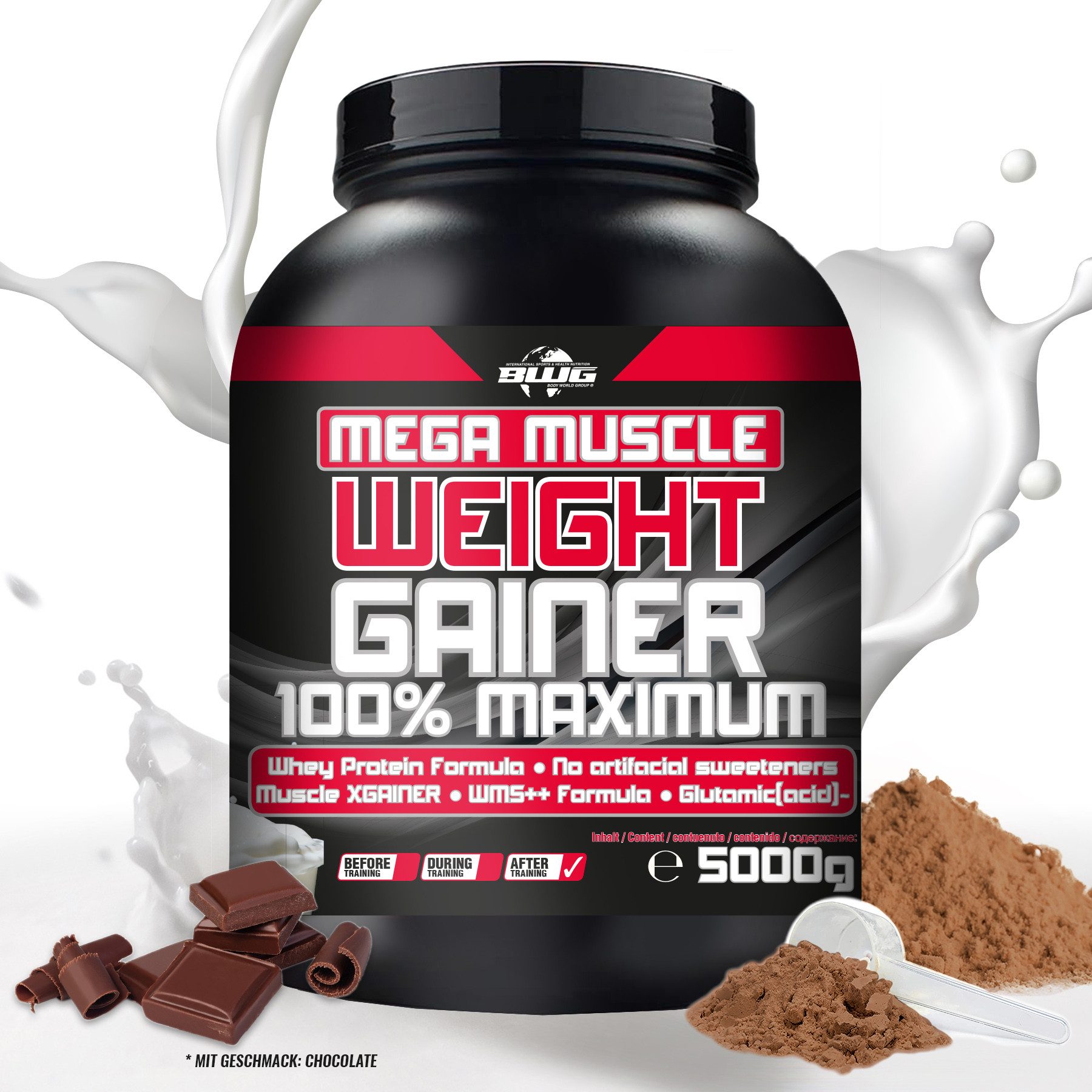 BWG BWG Mega Muscle Weight Gainer SCHOKO 5000g - Made in Germany pur