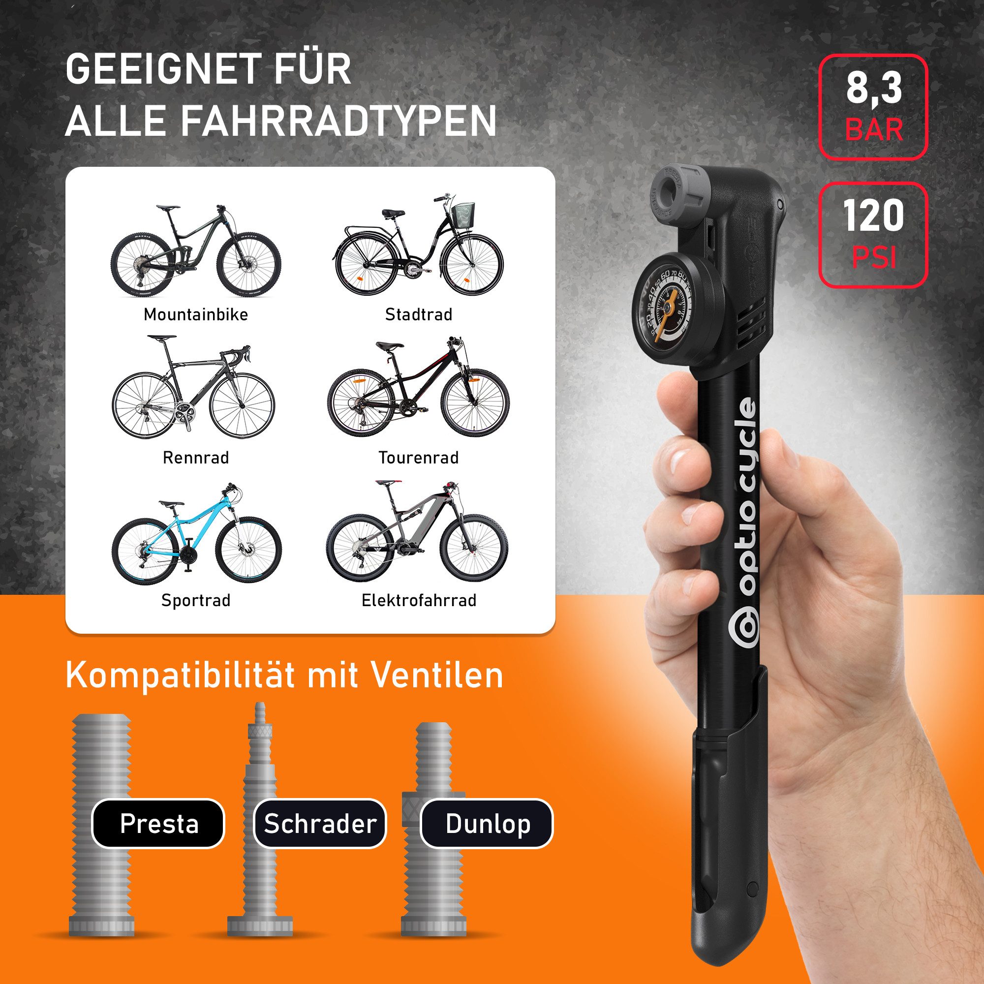 Optio Cylce Minipumpe Optio Cycle Mini Fahrradpumpe 8,3 bar / 120 PSI