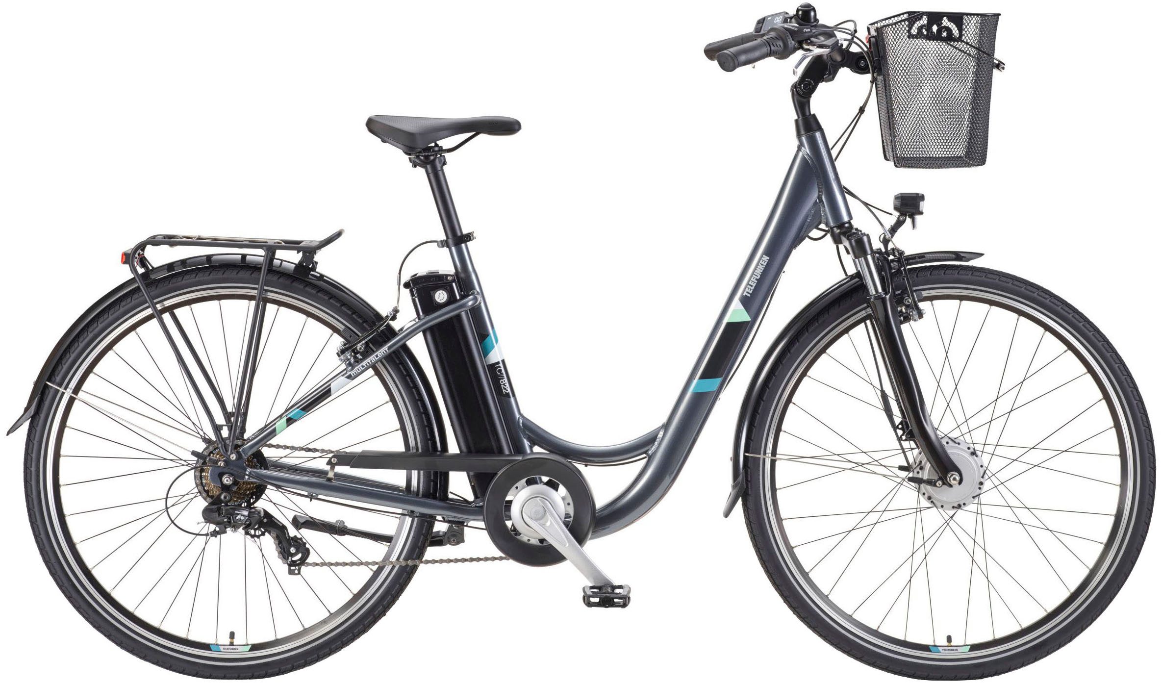 Telefunken E-Bike Cityrad Multitalent RC822, 7 Gang Shimano Tourney Schaltwerk, Kettenschaltung, Frontmotor, 531,3 Wh, (2 V-Bremsen, Beleuchtung, Straßenzulassung, ca. 100 km Reichweite), Elektrofahrrad, Damen Herren, 28 Zoll, 36,9 V, 531,3 Wh Akku, Pedelec