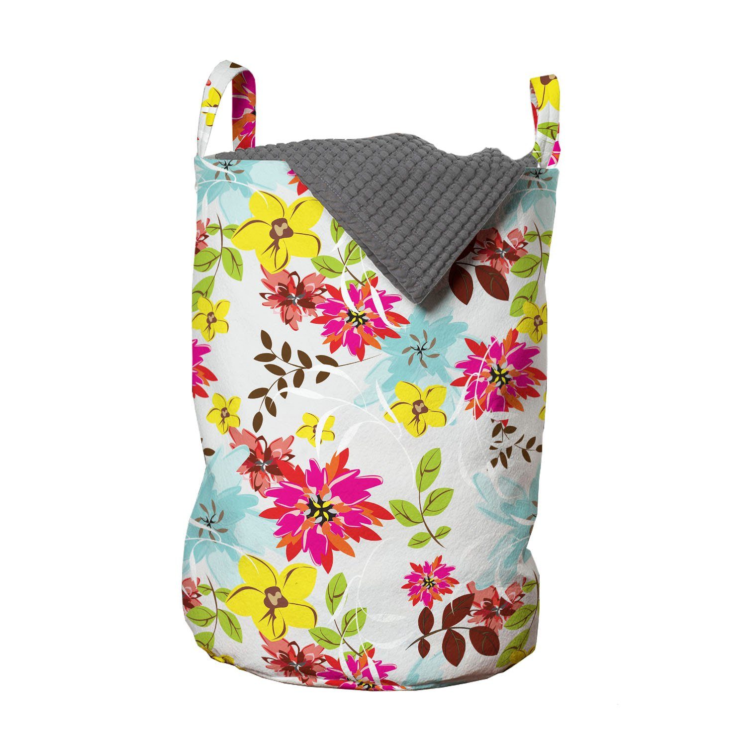 Abakuhaus Wäschesäckchen Wäschekorb mit Griffen Kordelzugverschluss für Waschsalons, Blumen Bunter Sommer-Blüten-Kunst