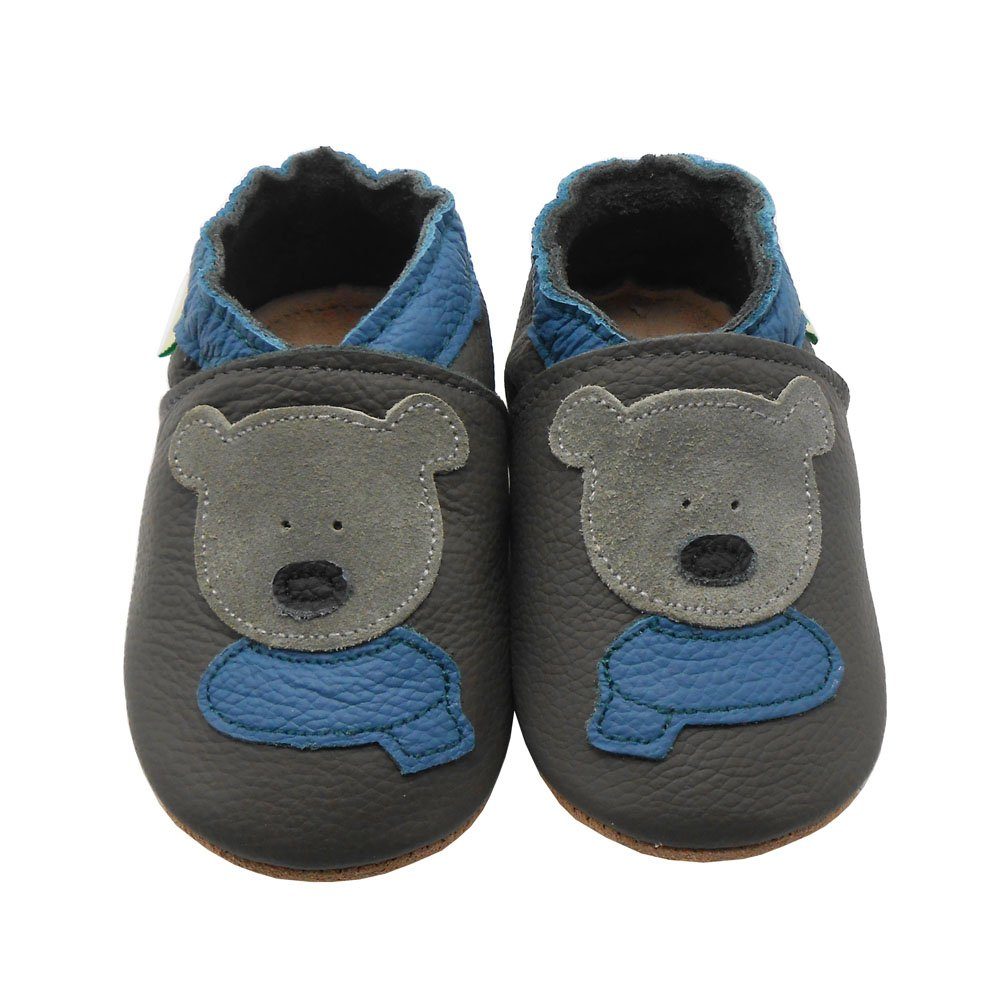 Sayoyo Weiche Leder Krabbelschuhe Lauflernschuhe Hausschuhe Lederpuschen Krabbelschuh (Bär Grau 100% Leder)