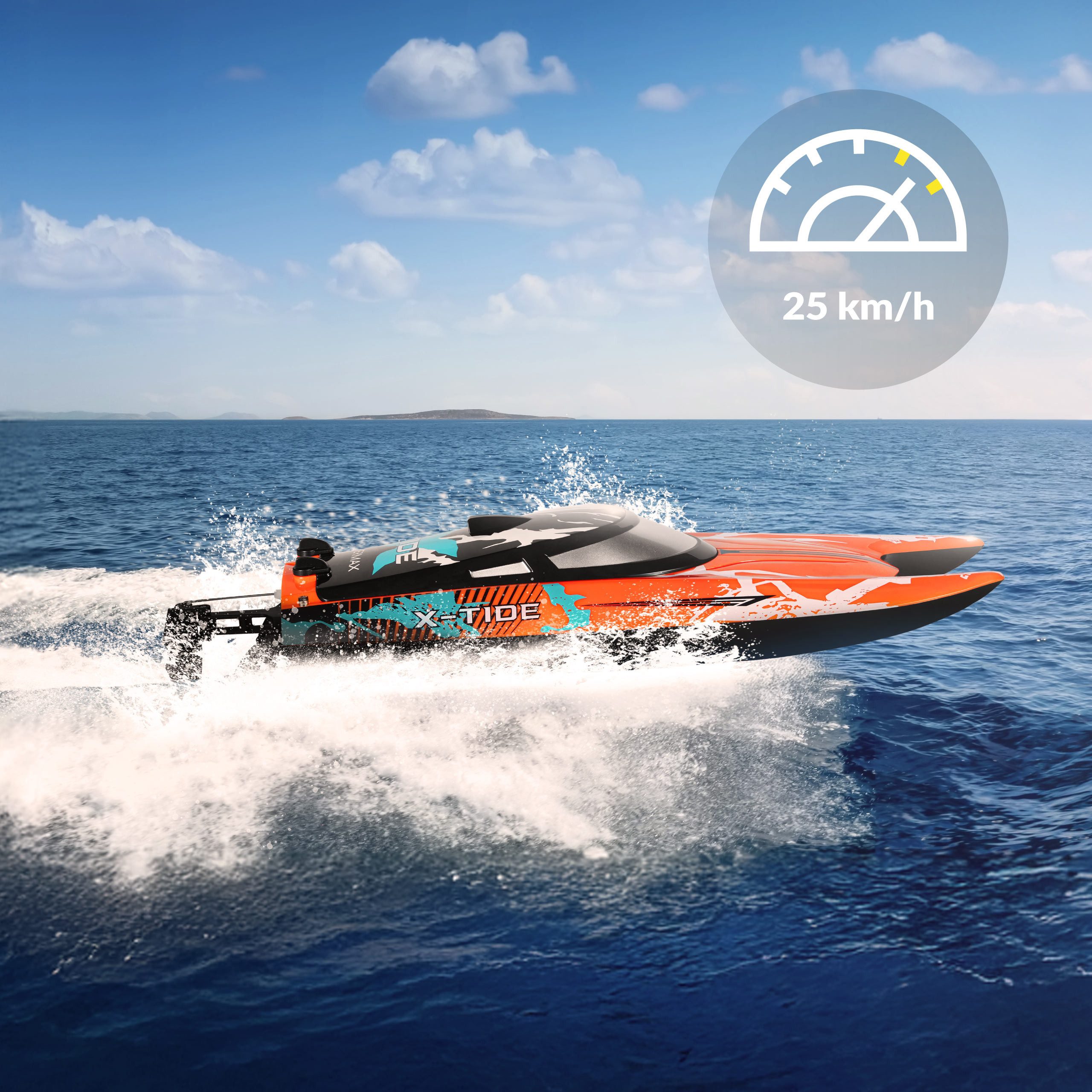 Overmax RC-Boot X-TIDE (Set, Komplettset), 1200mAh/25 kmH/2 Akkus/Auto-Flip/Wasserstart/Demo-Modus