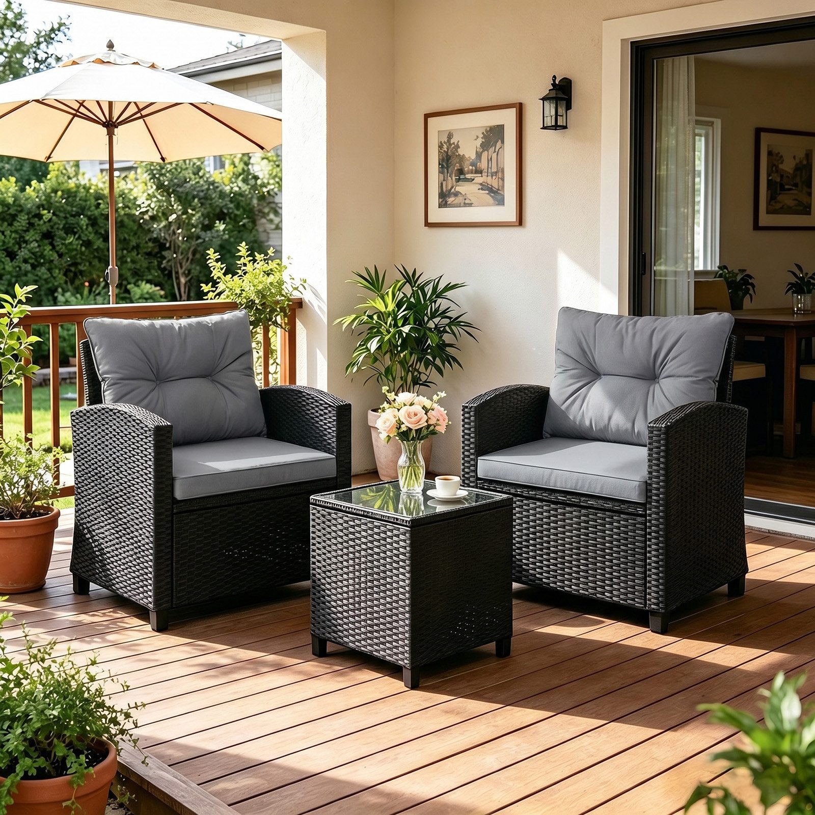 COSTWAY Balkonset, (3-tlg), Gartenmöbel Set Rattan mit Kissen, 2 Stühlen, Tisch