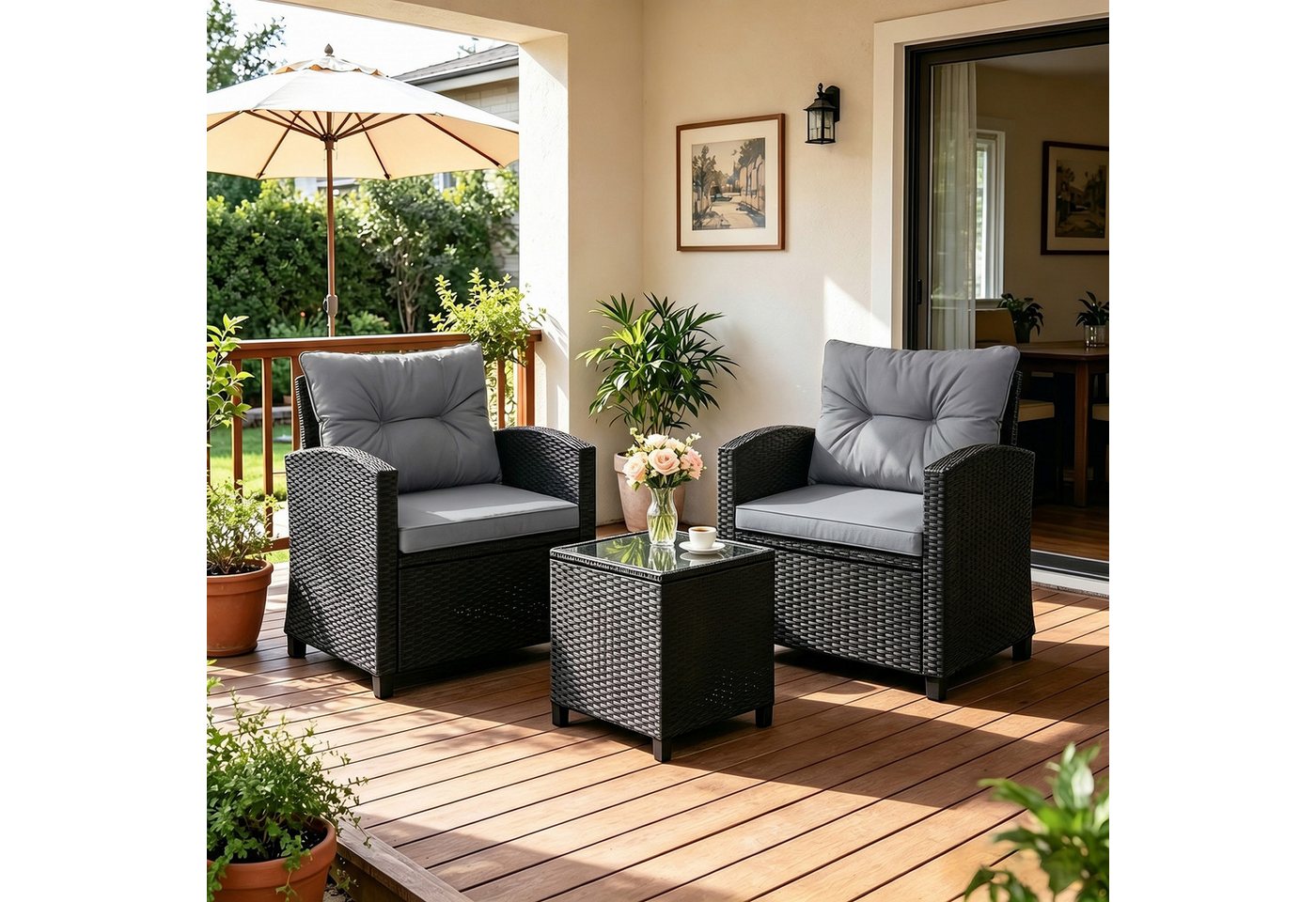 COSTWAY Balkonset, (3-tlg), Gartenmöbel Set Rattan mit Kissen, 2 Stühlen, Tisch