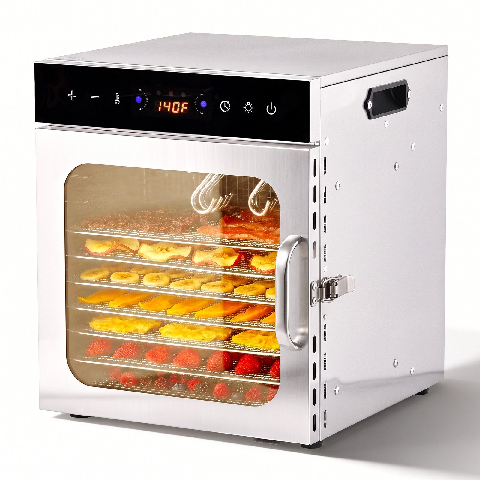 Rebonique Dörrautomat Edelstahl mit 10/12 Edelstahlgitter Food Dörrgerät Dehydrator 30–90°C 800 W, 12 Etagen, Fruchttrockner mit LED Touch-Display, BPA-frei für Obst Fleisch Pilze