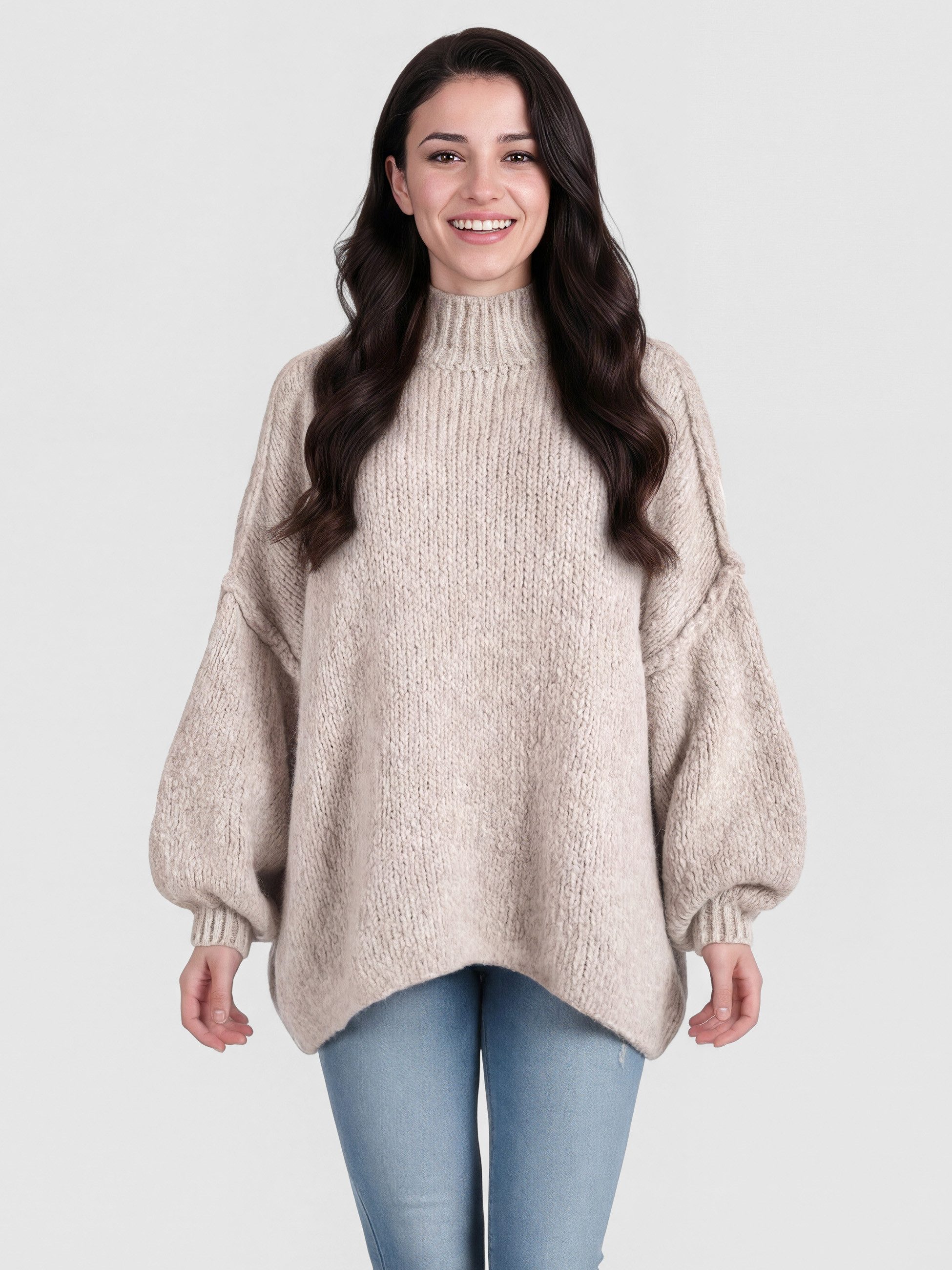 PEKIVESSA Strickpullover Ultra-Oversized Grobstrick-Pullover mit Ziernähten an den Ballonärmeln