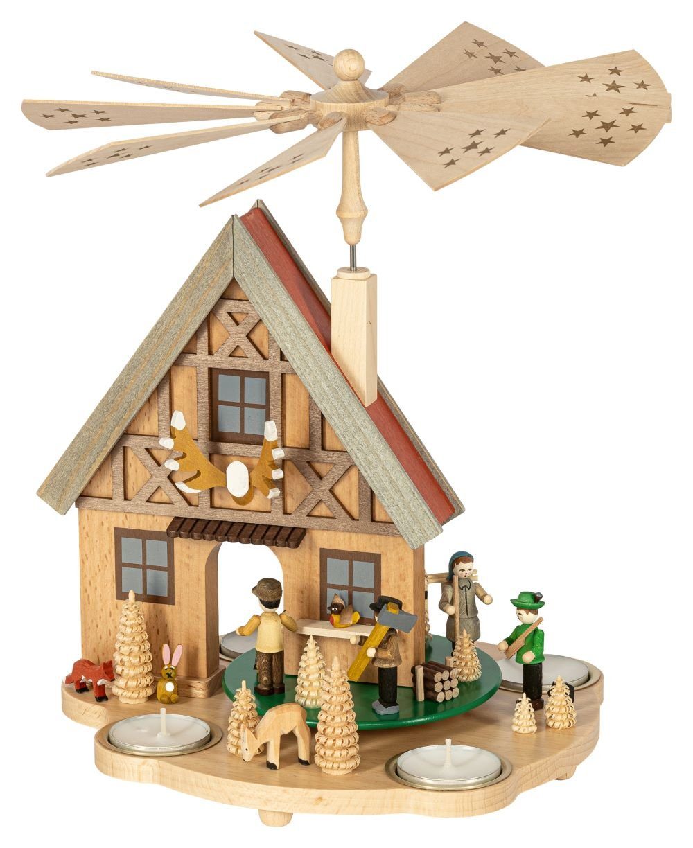 Richard Glaesser Weihnachtspyramide Pyramidenhaus Forsthaus für Teelichte, Höhe 29 cm, Handwerkskunst original Erzgebirge