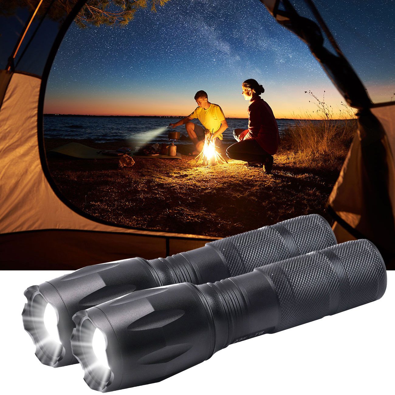 Casativo LED Taschenlampe Cree LED-Taschenlampe 260lm mit Powerbank 200m Reichweite IP44 (2-St., 1er-Set & 2er-Set), wiederaufladbar, Zoom & USB, Notfallmodi