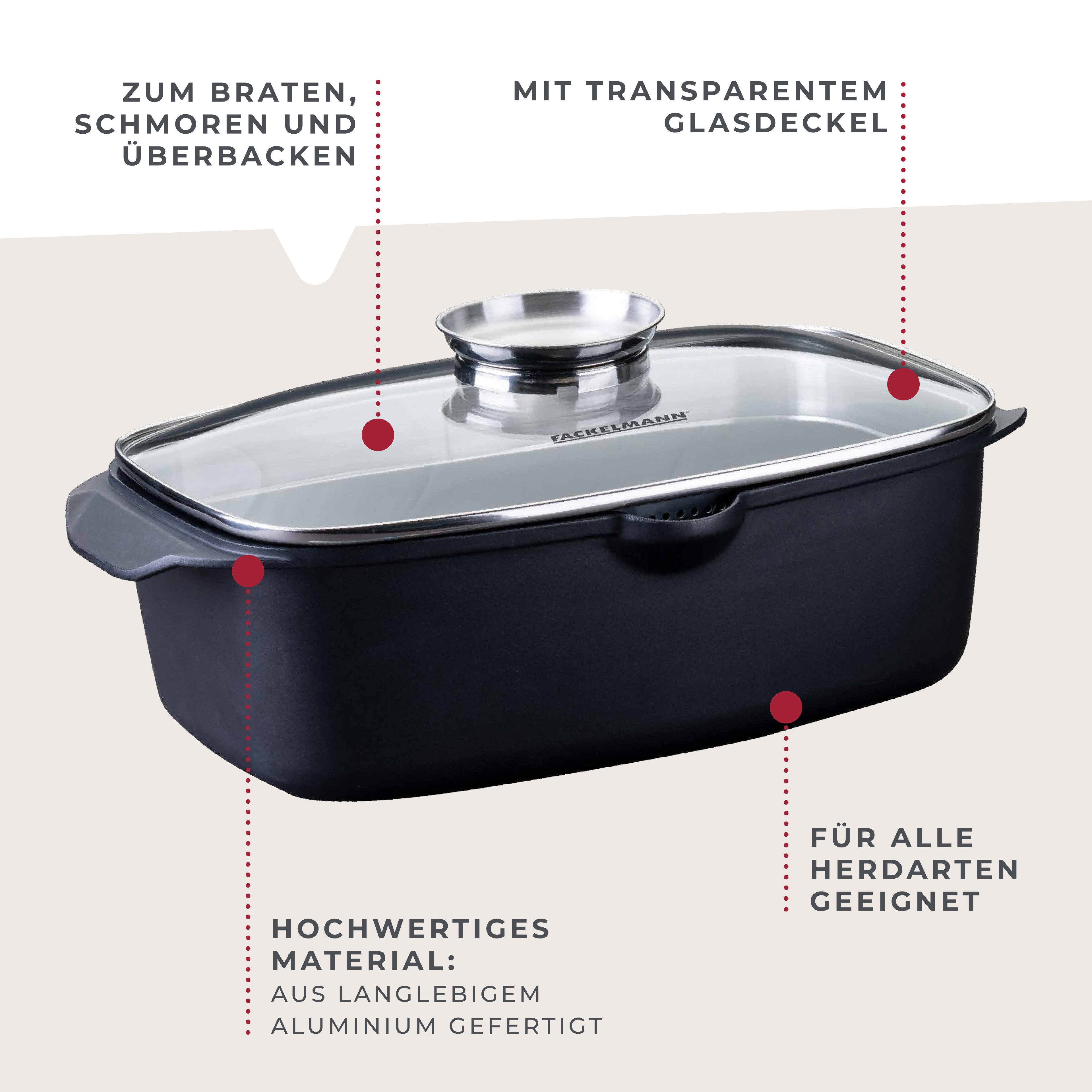 FACKELMANN Bräter Roaster, Aluminiumguss (1-tlg), mit Aromaknauf, Schmortopf mit Deckel