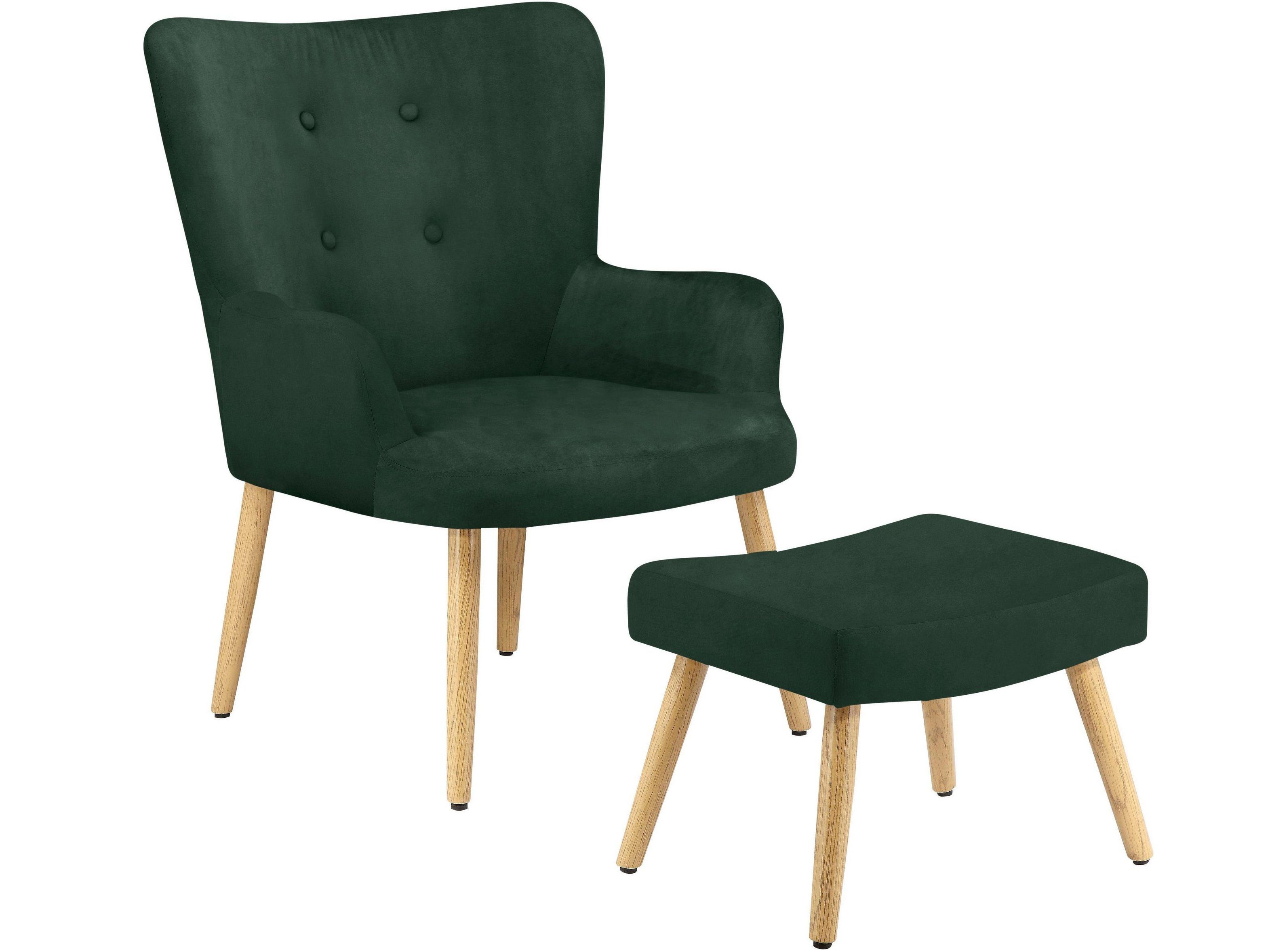 loft24 Sessel Cora (2-tlg. Set, Sessel mit Hocker), mit Knopfheftung, Relaxsessel mit Fußhocker, Samtbezug, Holzbeine dunkelgrün