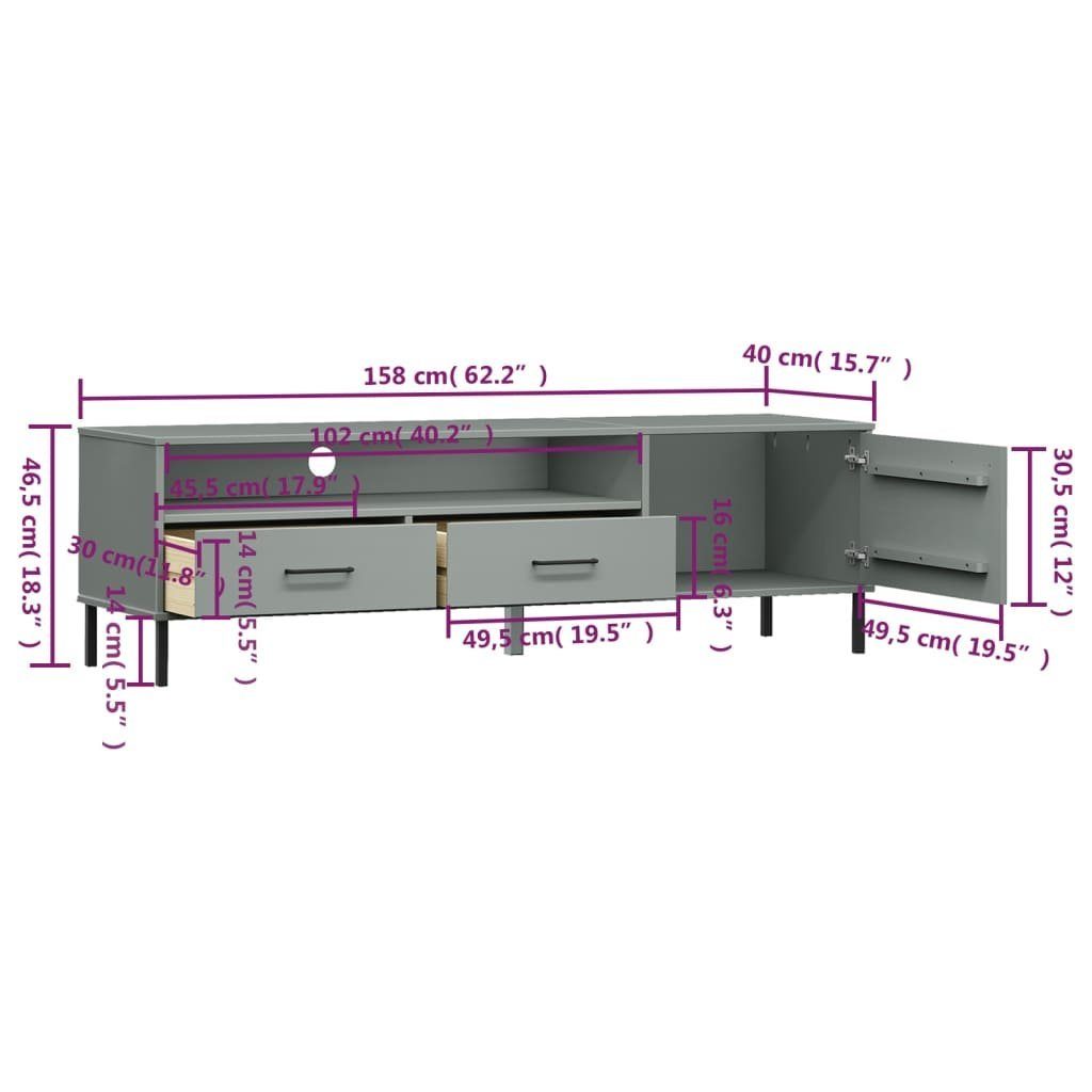 vidaXL (1-St) Kiefer TV-Schrank Massivholz TV-Schrank Metallbeinen mit Grau OSLO