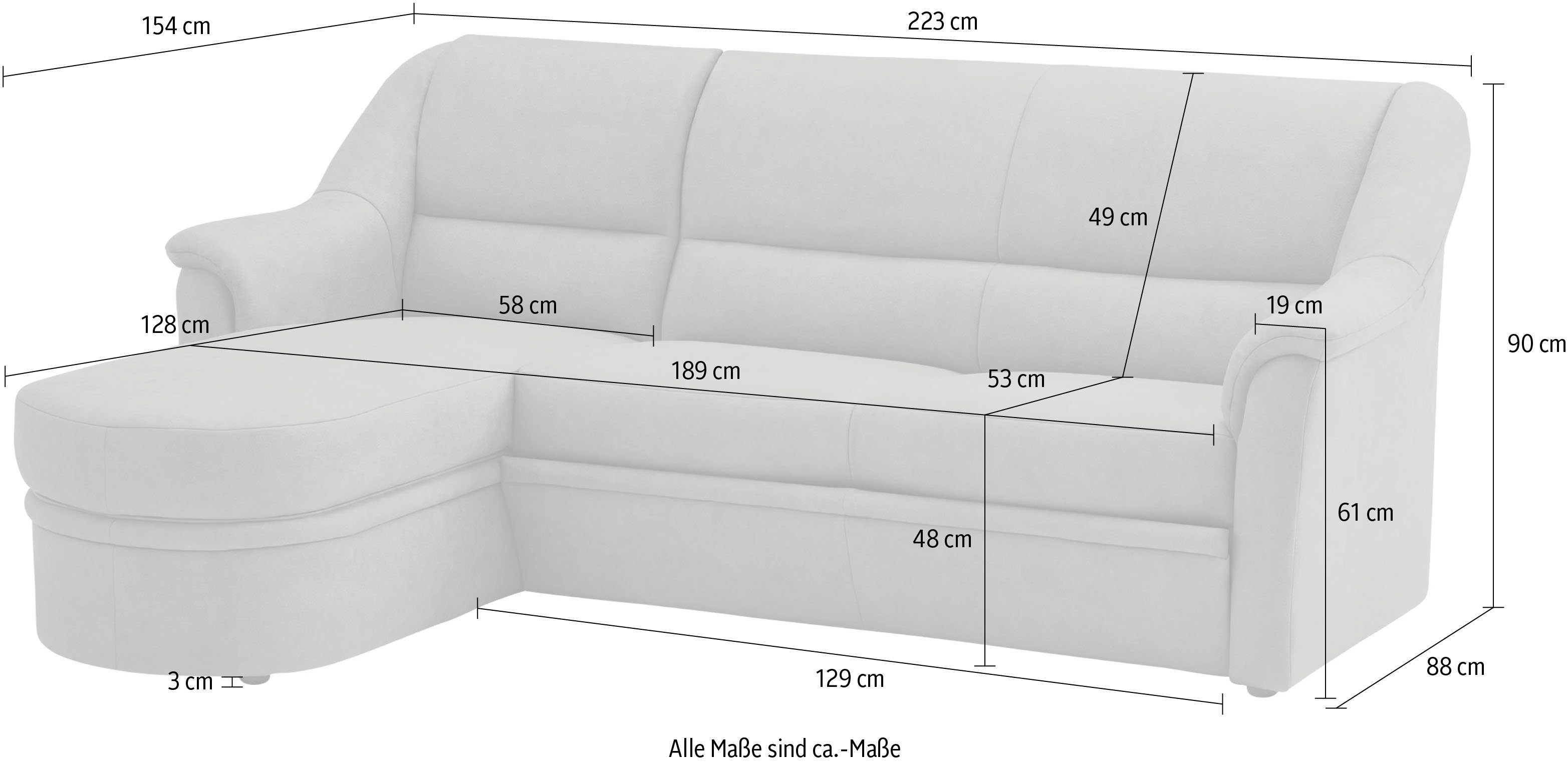 VILLA Ecksofa und 223 mit BECK Bettfunktion ccm, Breite Bettkasten wahlweise Fiora,