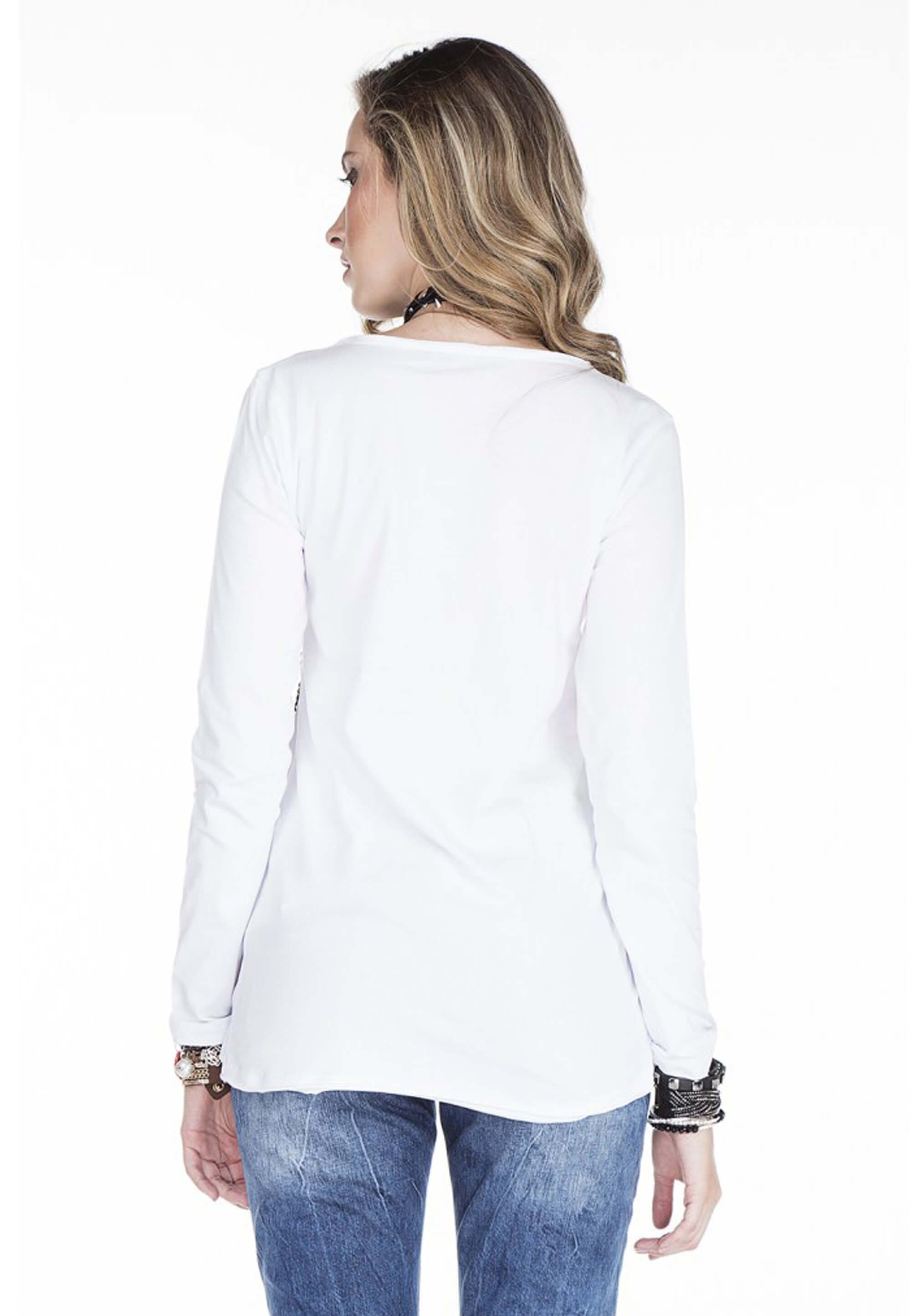 Cipo & Baxx Langarmshirt mit Edelsteindruck weiß
