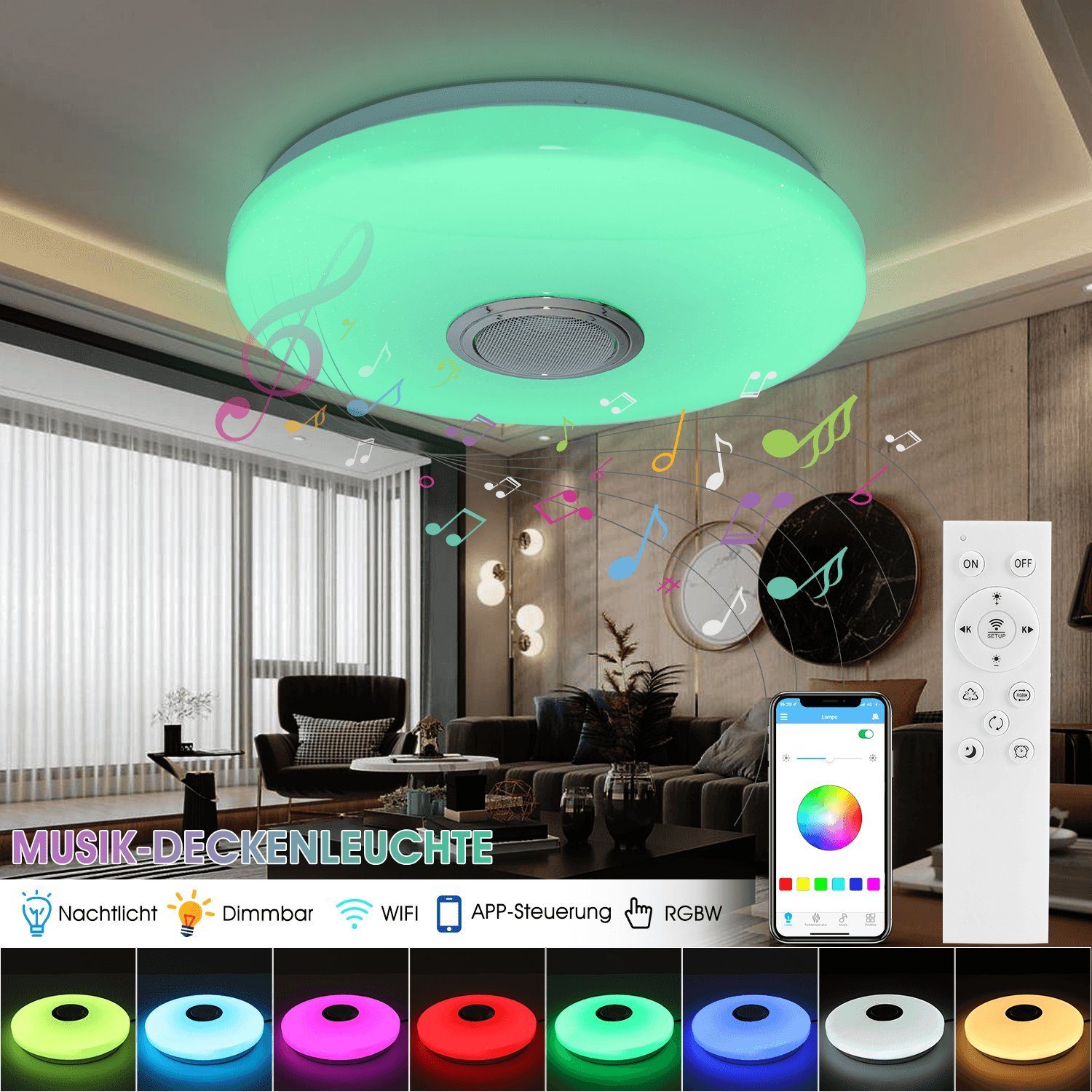 RGBW, mit oyajia Deckenleuchte 2400LM integriert, Moderne RGB und LED APP Schlafzimmer WIFI-steuerung, fest Lautsprecher, mit Deckenleuchte 24W für Wohnzimmer LED Deckenleuchte Deckenlampe,