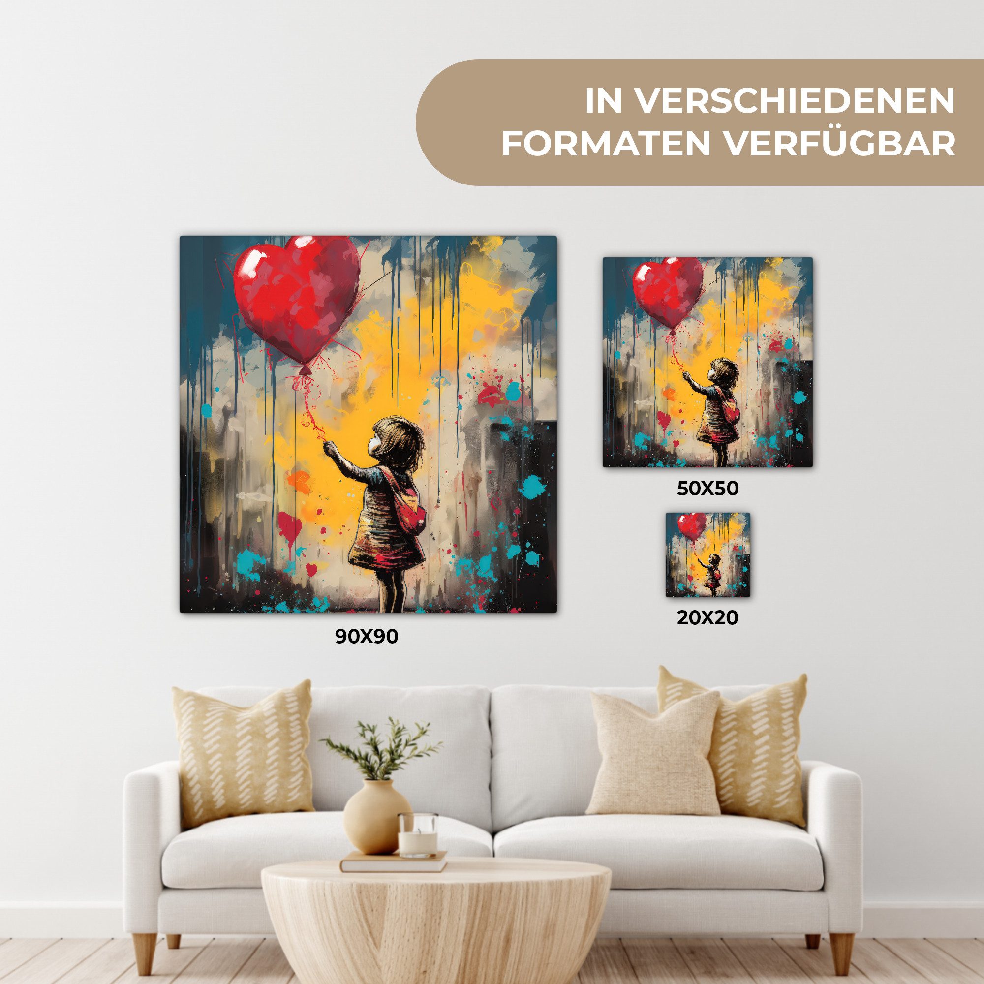 OneMillionCanvasses® Leinwandbild Mädchen - Luftballon - Herz - Graffiti, Fotodruck (1 St), Leinwand Canvas Wandbild, Wanddekoration 20x30 cm – Bild 5 von 5