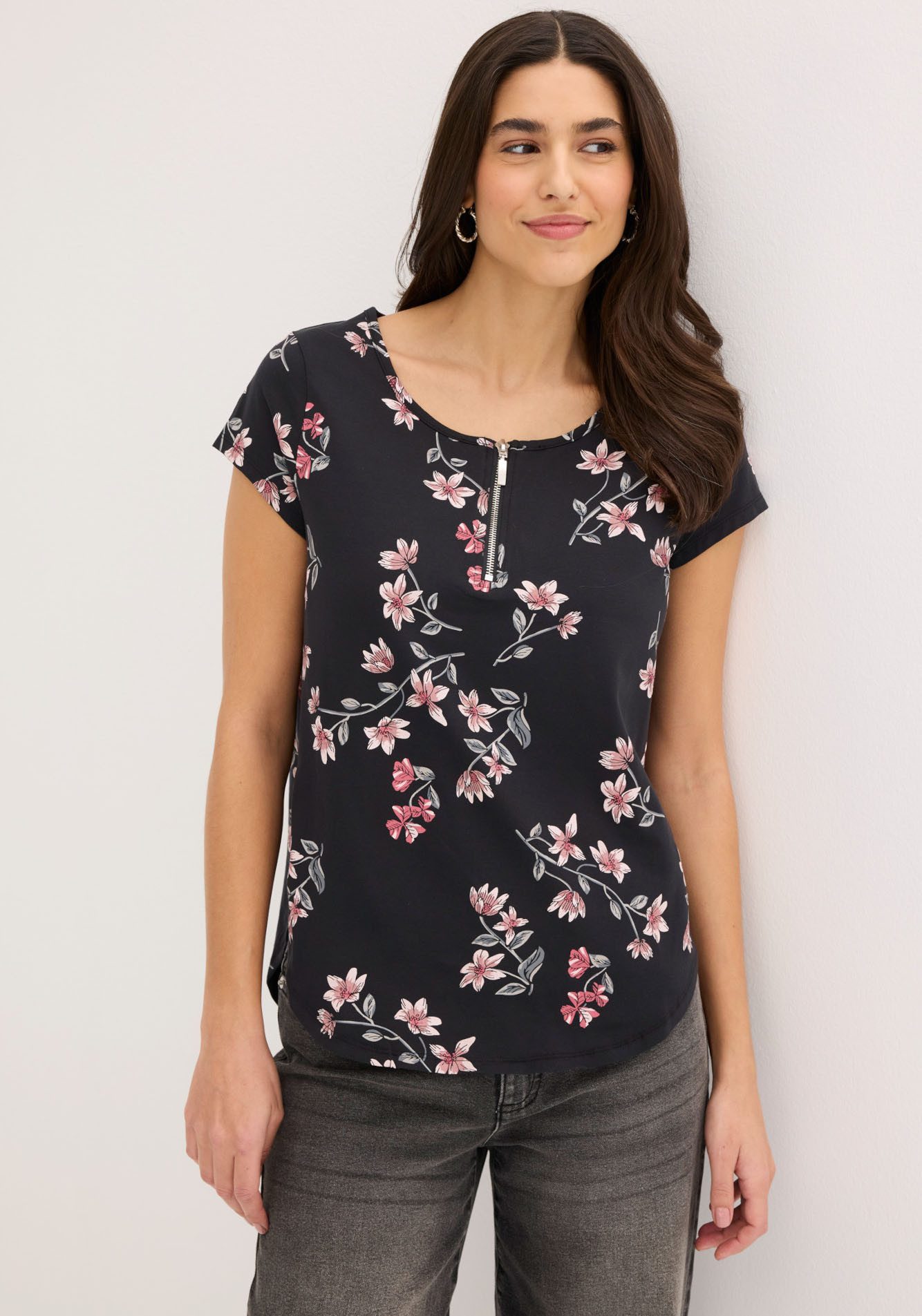 bonprix Blusenshirt Dezente Oversize Passform, mit kurzem Reißverschluss