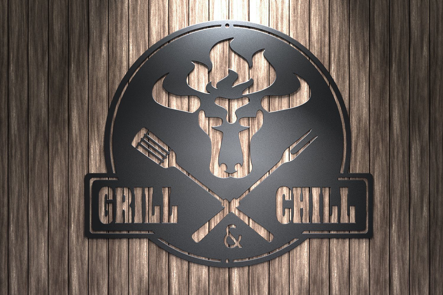 tuning-art Schwarz Stahl GC02-B + Wanddekoobjekt Bulle Schild Grill&Chill Grill & Grill Schwarz Chill