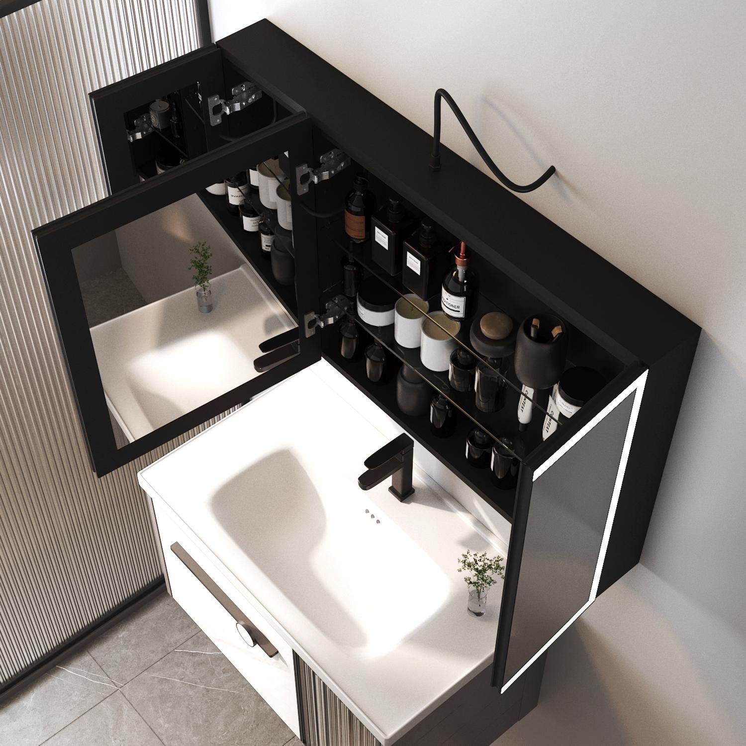 WDWRITTI Badezimmerspiegelschrank 3türig Spiegelschrank bad mit beleuchtung 100cm 90cm (Hängeschrank Schwarz Metall, 100B x 13,5T x 60H cm, 90B x 13,5T x 60H cm) 3Licht, dimmbar, Doppel Spiegel, Anti-Fog