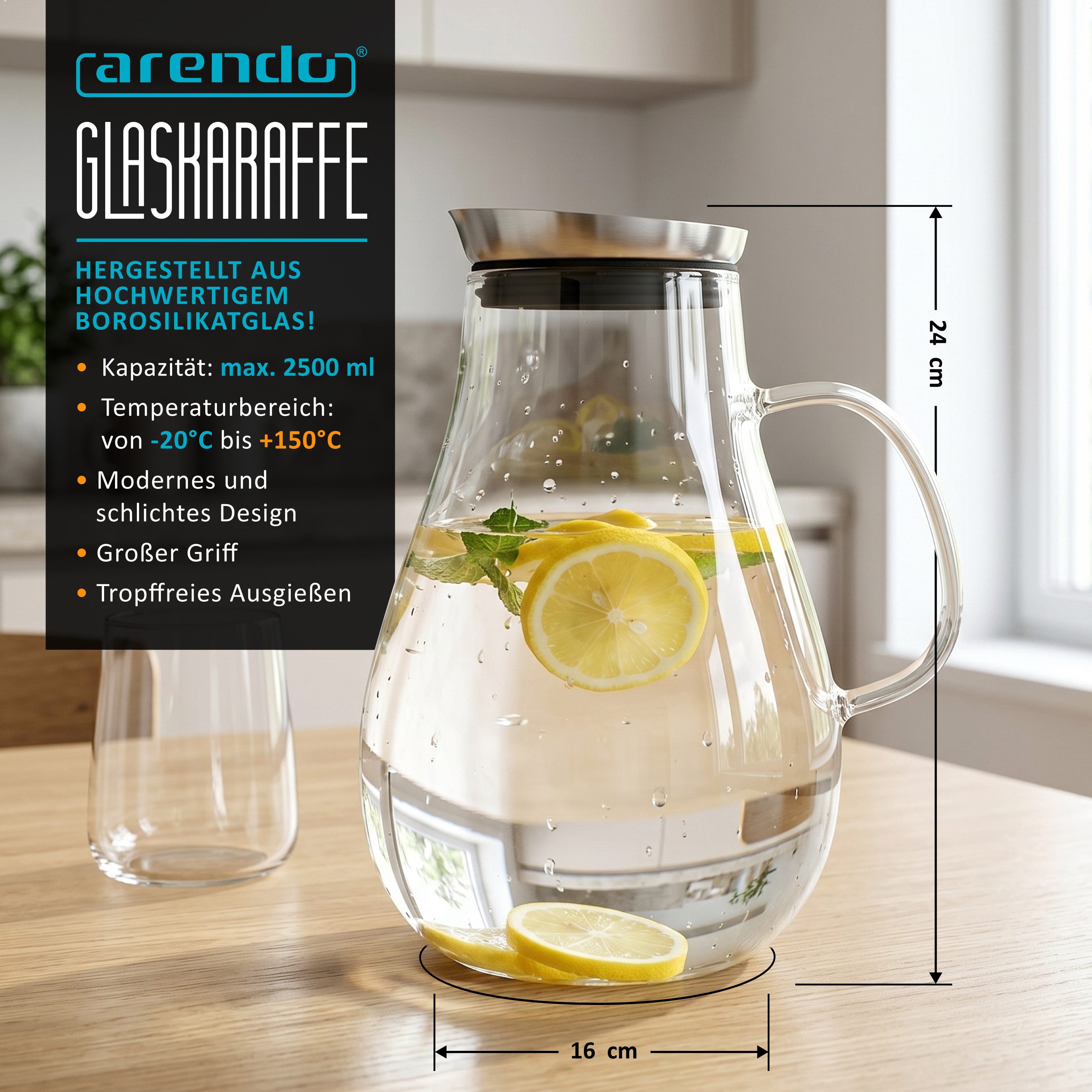 Arendo Karaffe Glaskaraffe 2,5 L, Edelstahldeckel, Henkel, Grobfilter, Wasserkaraffe, Borosilikatglas, 2500 ml, Sieb, hitze- und kältebeständig, BPA-frei