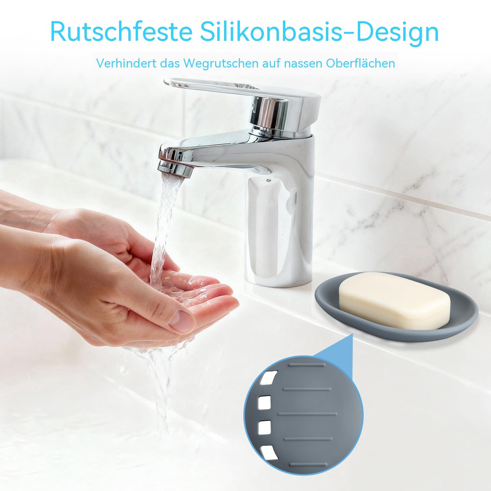 Zyronn Seifenschale 2-teiliges Seifenschalen-Set aus Silikon, Seifenhalter mit Ablauf, 2-St., rutschfest und flexibel, für Badezimmer und Küche, Grau & Weiß – Bild 4 von 5