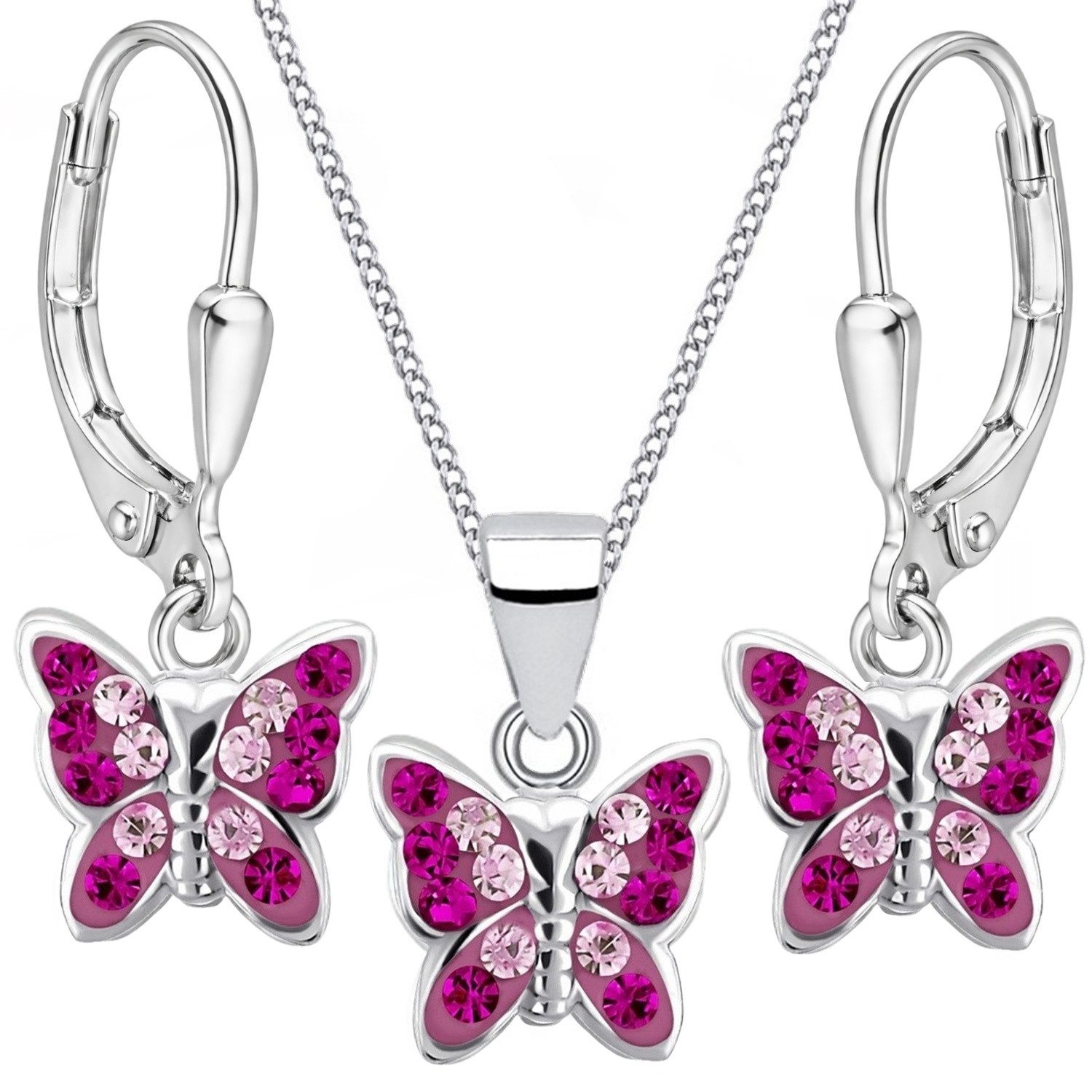 Goldene Hufeisen Schmuckset Kristall Schmetterling Ohrringe Anhänger Kette 925 Silber Set (4-tlg, inkl. Geschenk-Etui), Geschenkset