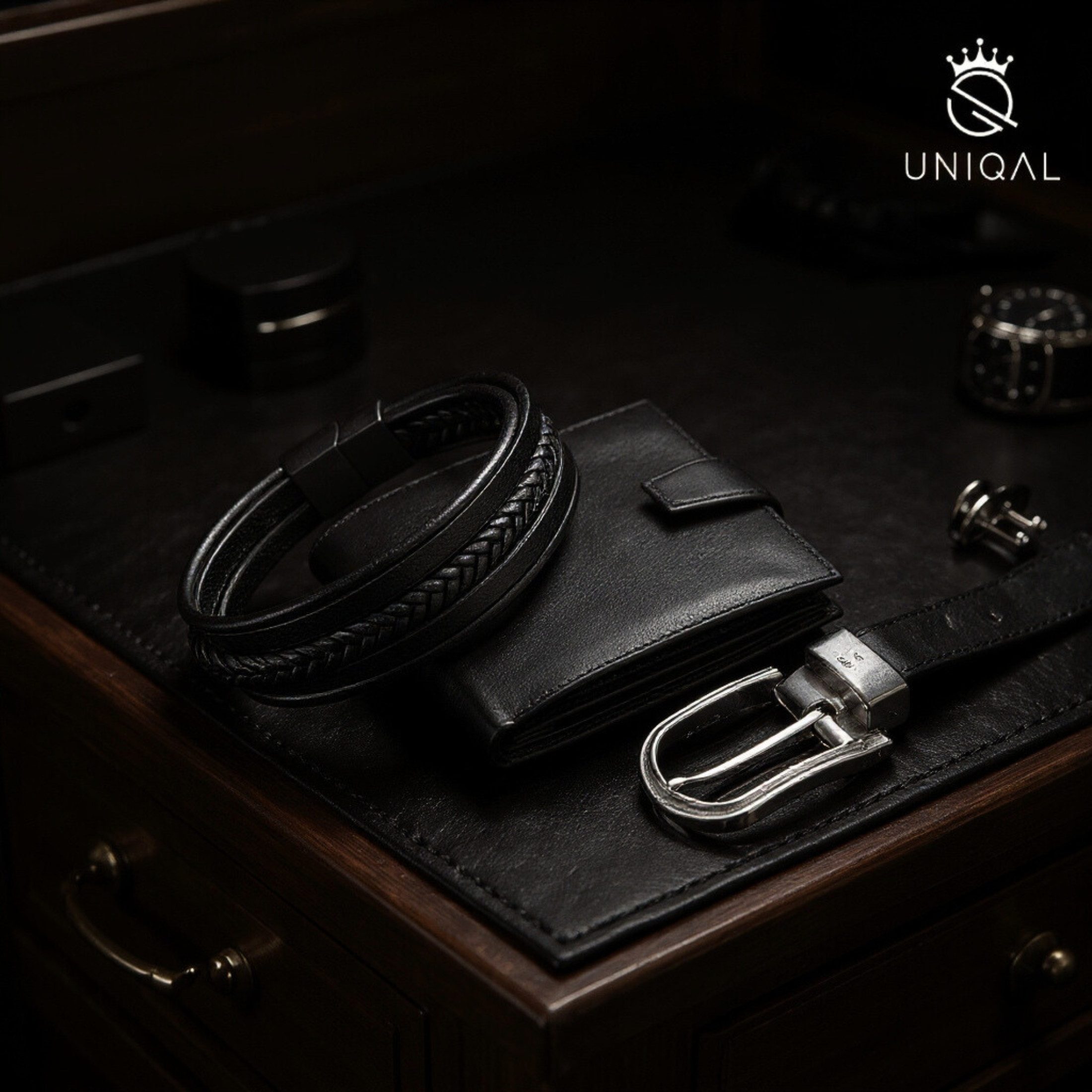 UNIQAL.de Lederarmband VORTEX EDITION – Echtleder, Edelstahl & sicherer Magnetverschluss (Maskuline Linienführung, glänzende Details und anpassbare Größe für jedes Handgelenk), handgefertigt in Deutschland