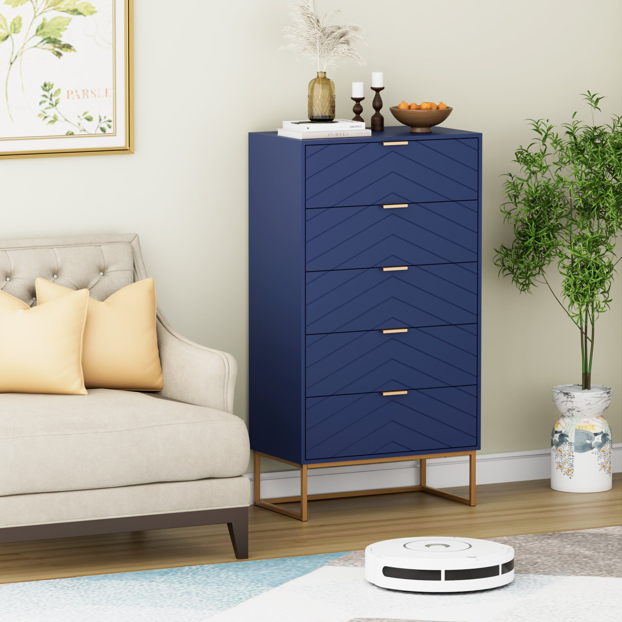 UEV Kommode mit 5 Schublanden, Sideboard, Schubladenschrank, Schmal kommode modern (60x34x110cm, Schrank für Wohnzimmer Schlafzimmer Flur Büro), mit Kippschutz Aufbewahrungskommode, Mehrzweckschrank aus Holz