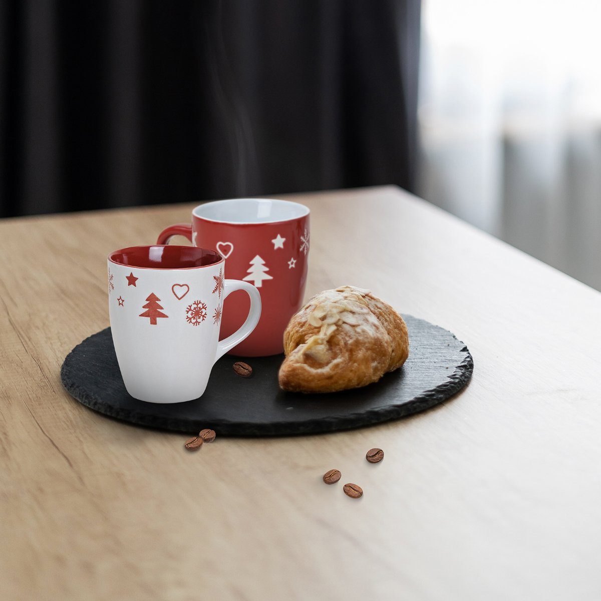 matches21 HOME & HOBBY Tasse Weihnachtstassen 4er Set einfarbig Skandi Weihnachtsdeko, 4-tlg., Keramik, Tee Kaffee-Becher, Weihnachten, Vintage, rot weiss, 300 ml