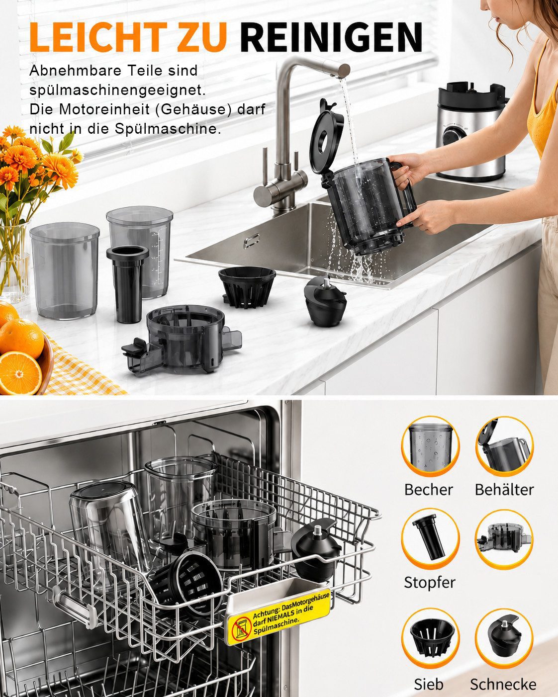 Fyrove Slow Juicer Entsafter Gemüse und Obst Testsieger, 2L mit 140mm XL-Einfüllschacht, 400 W, Elektrische Juicer Machine für Familien mit 2 Gläsern – Bild 5 von 5