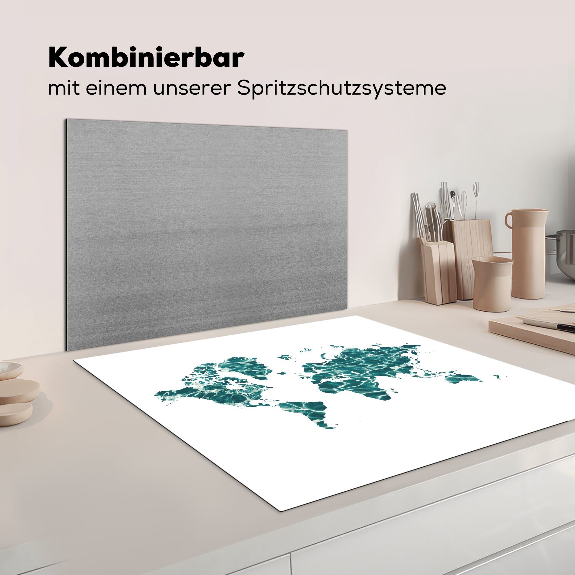 Weiß, Vinyl, küche Arbeitsplatte - tlg), MuchoWow Ceranfeldabdeckung, Weltkarte cm, - Meer (1 78x78 für Herdblende-/Abdeckplatte