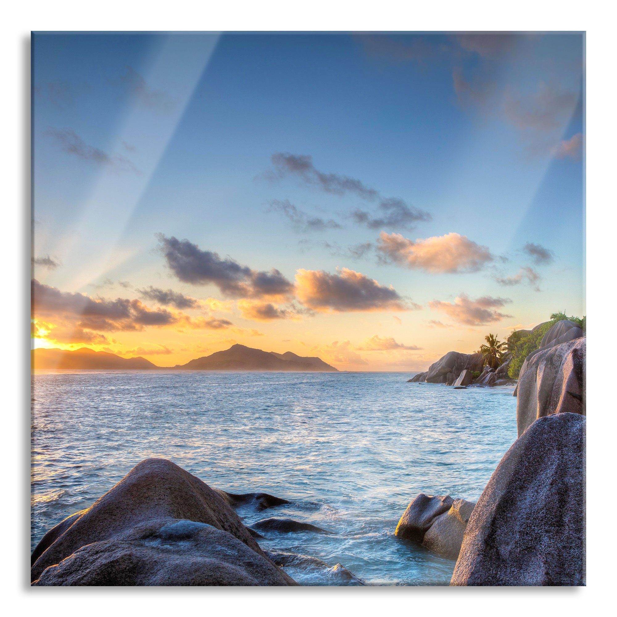 Glasbild Sonnenuntergang Seychellen
