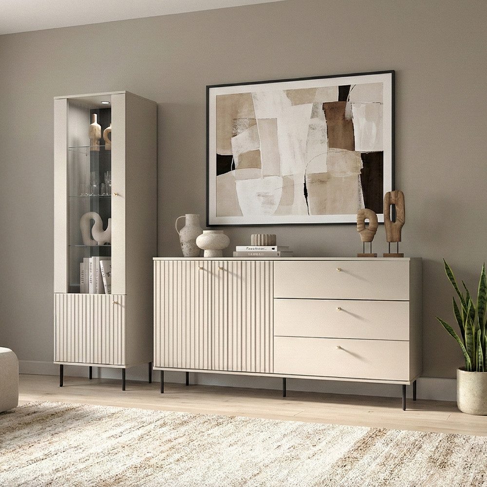 Lomadox Wohnzimmer-Set SALOU-131, (Mega-Spar-Set, 2-St., Vitrine Sideboard), in Kaschmir matt mit Rilenfront, modern, Knopfgriffe