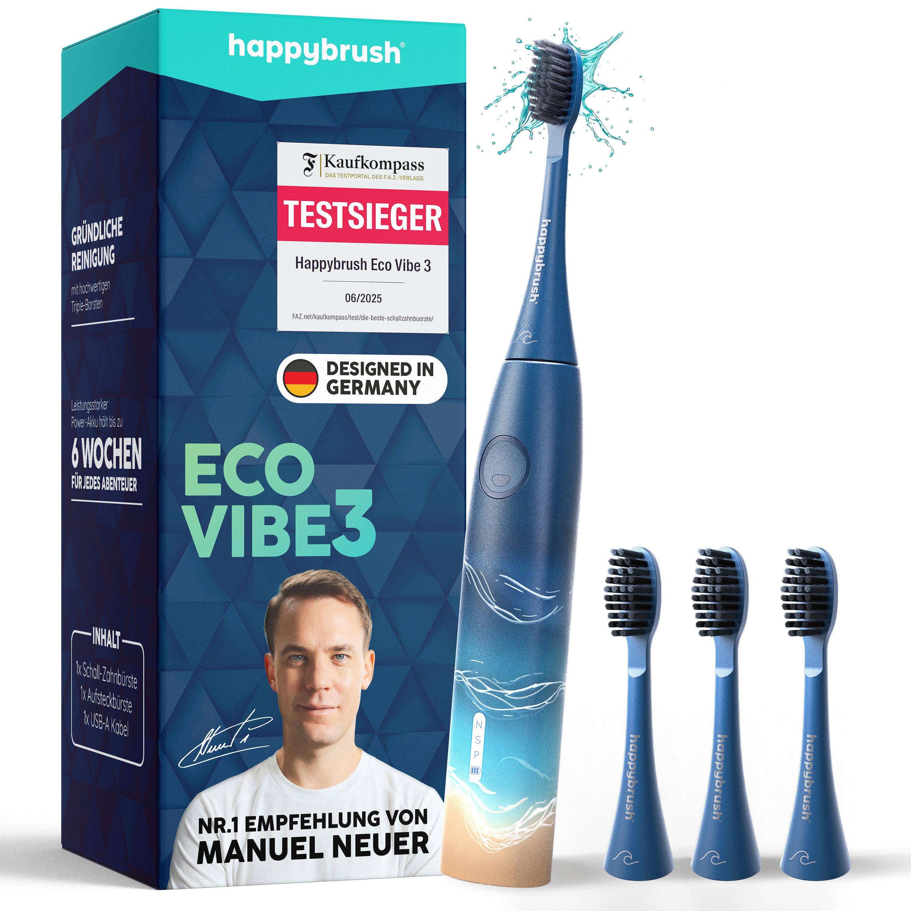 happybrush Schallzahnbürste Eco VIBE 3 Ocean - Set mit 3 Aufsteckbürsten - 8 Wochen Power Akku, Aufsteckbürsten: 4 St., Eco Vibe 3, 3 individuelle Putz-Modi, Schalltechnologie