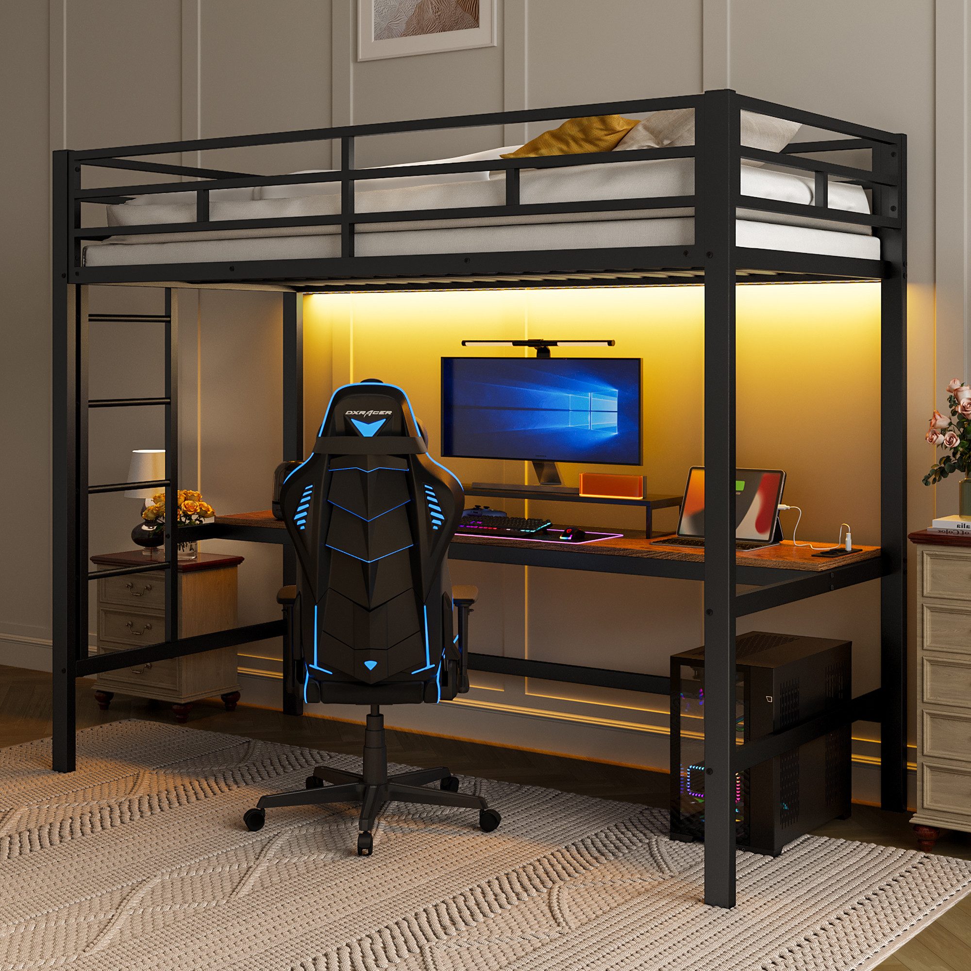 TavilaEcon Hochbett mit Geländer und Trittleiter, Tisch mit USB und Steckdo günstig online kaufen