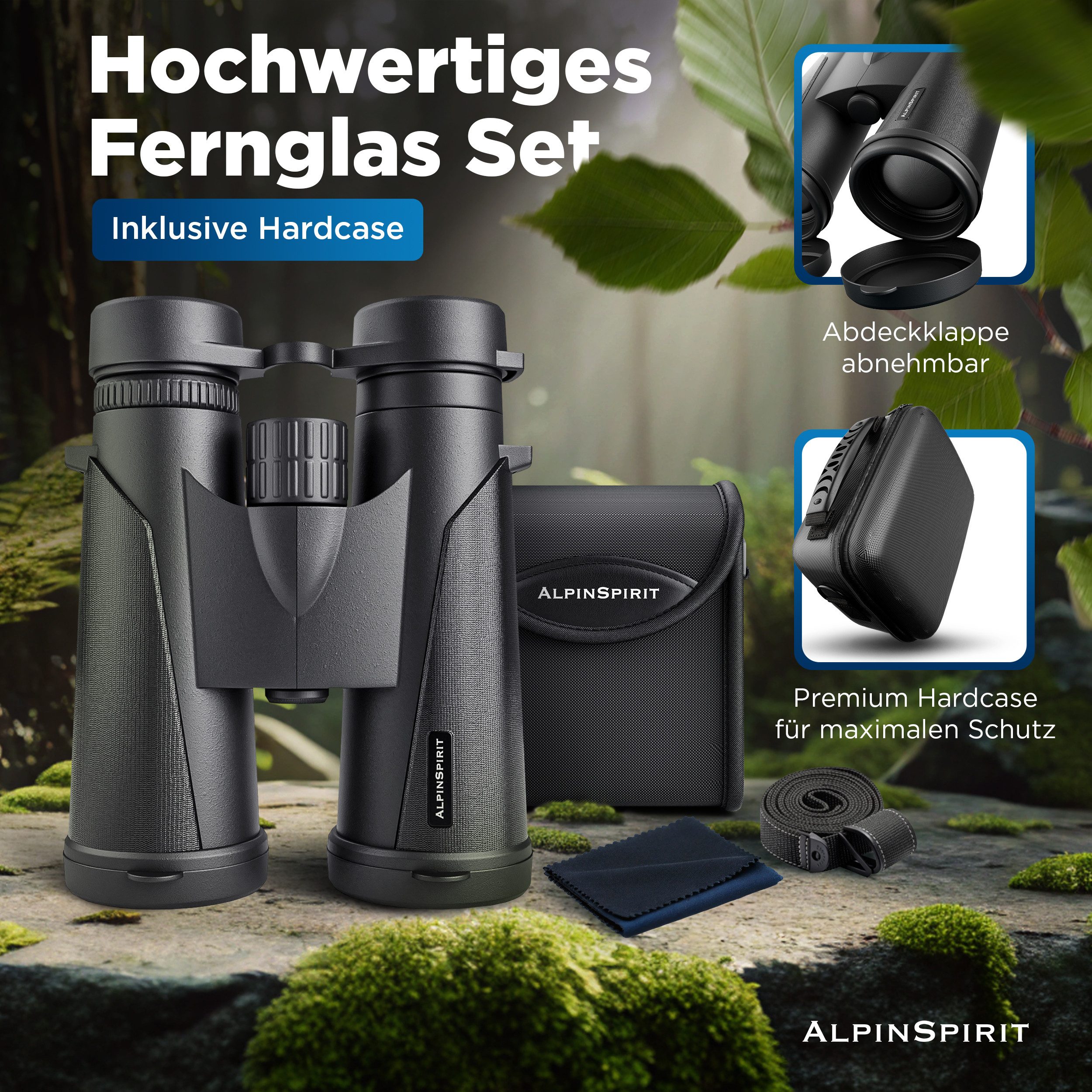 AlpinSpirit Fernglas 8x42 inkl. Tasche & Zubehör (Testsieger) – für Brillenträger Fernglas (8x42, Ideal für Sport, Reise, Freizeit - FMC & BAK4)