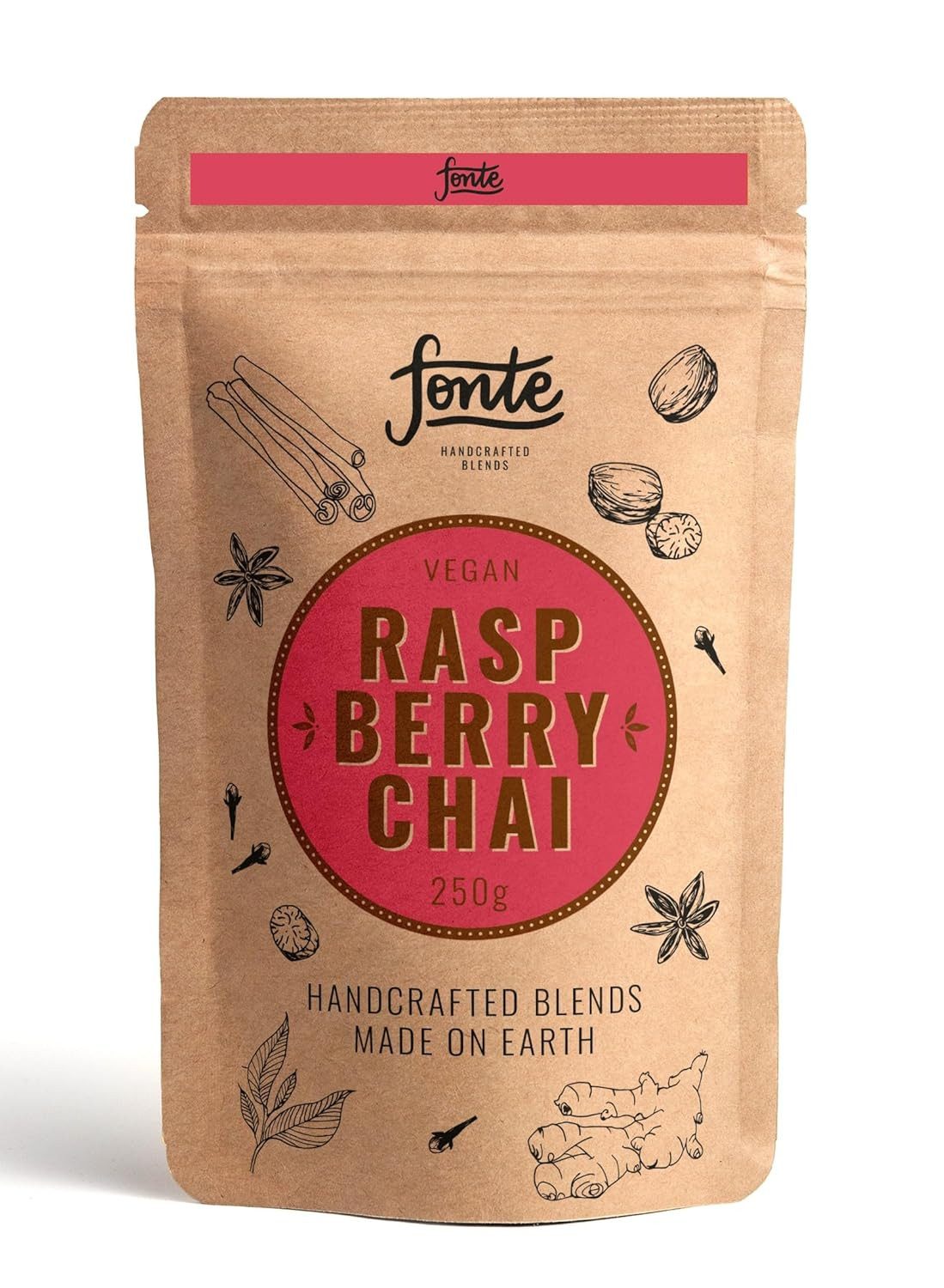 LK Trend & Style Tee Fonte Vegan Raspberry Himbeere Chai Latte, 1 x 250 g, (250g Packung/ca. 12 Portionen), Gewürzmischung mit Schwarzem Tee und Himbeere