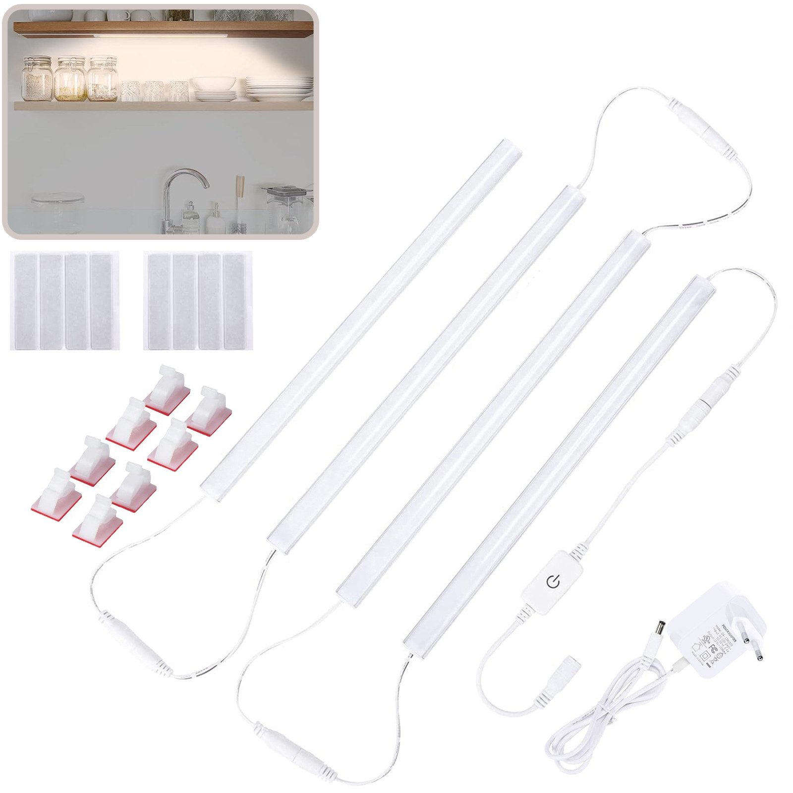 MUPOO LED Lichtleiste Unterschrankleuchten, LED Nachtlicht Dimmbar Lichtleiste mit Stecker, Naturweiß,4 Stück, LED fest integriert, Ultradünne für Wohnzimmer, Küchen, Schränke