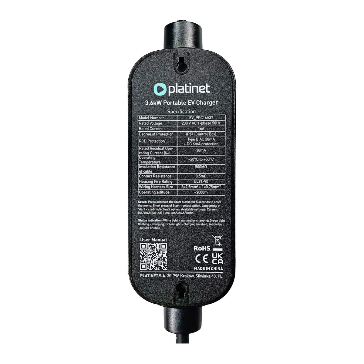 Platinet PPC16A37 Elektroauto-Ladegerät (16000 mA, Einzelprodukt, Mobiles Laden an Schuko Steckdose mit 3,7 kW Leistung)