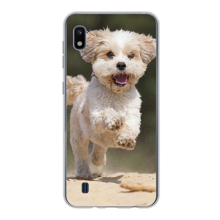MuchoWow Handyhülle Ein Shih Tzu Hund hüpft durch den gelben Sand Handyhülle Samsung Galaxy A10 Smartphone-Bumper Print Handy