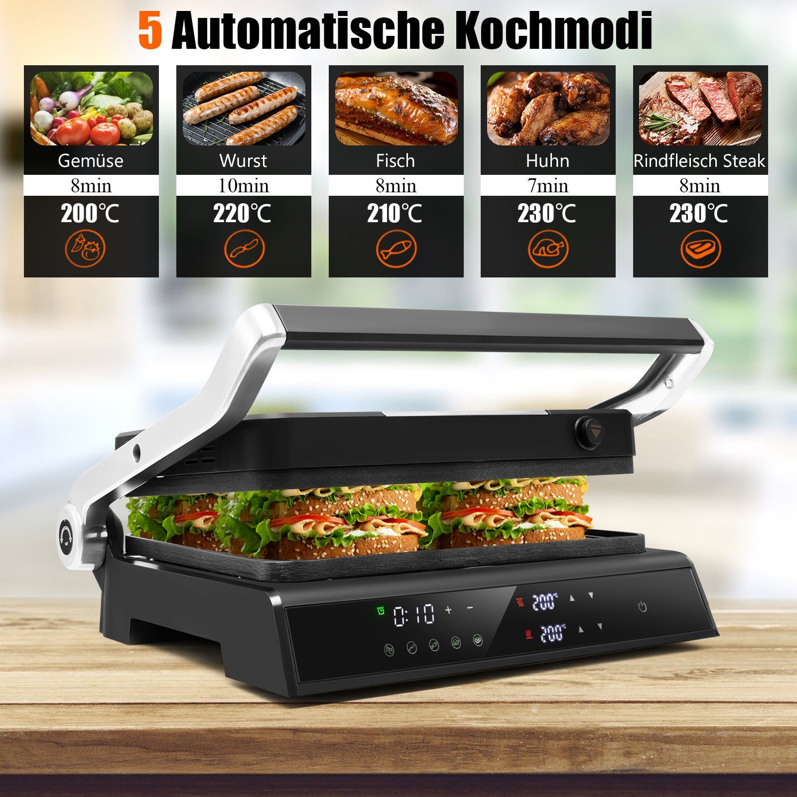 COSTWAY Elektrogrill 1200 W, bis 230℃, 5 Modi, LED Anzeige, 4H Timer, 1200 W, bis 230℃, 5 Modi, LED Anzeige, 4H Timer