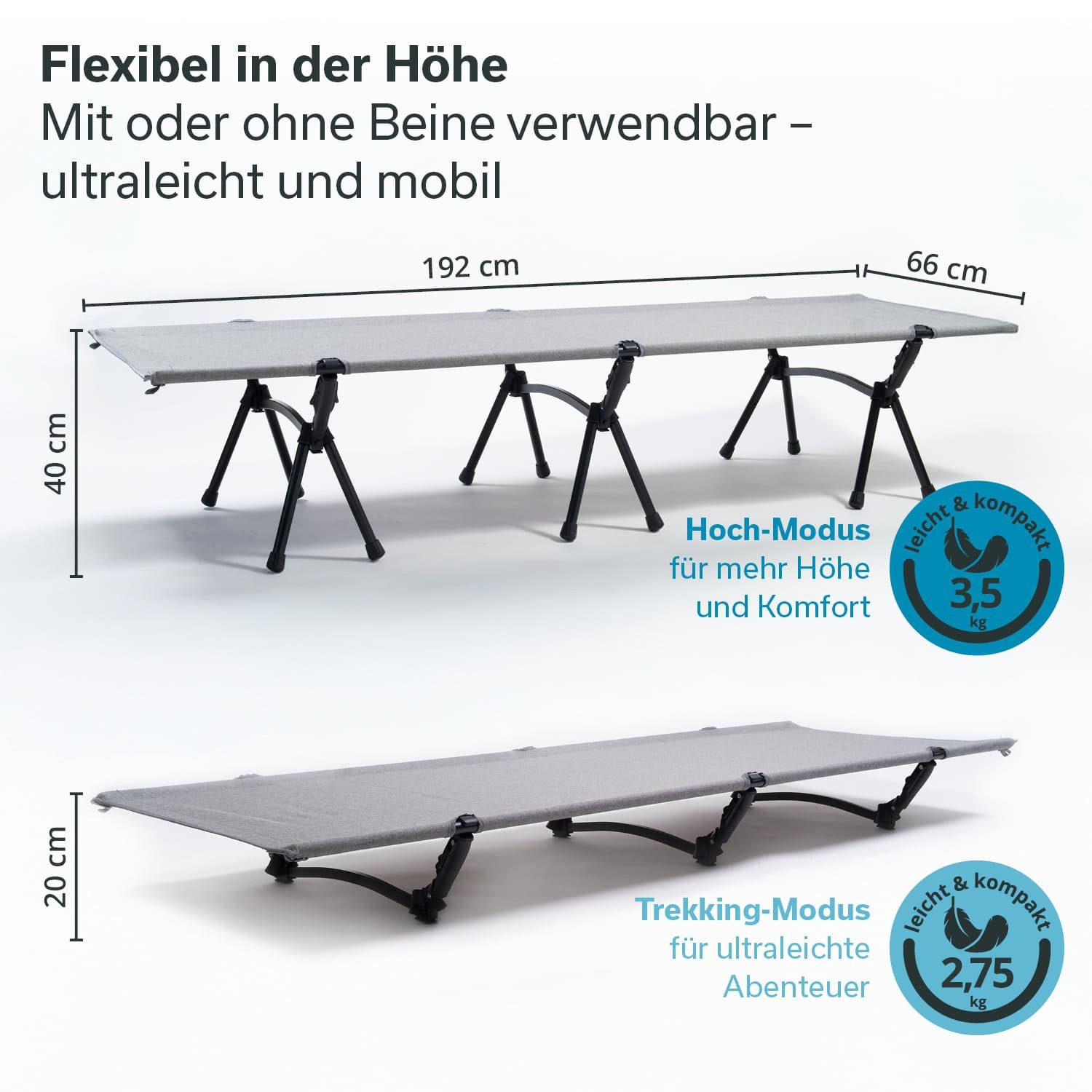 Skandika Campingliege Svalig, Feldbett klappbar, 192x66 cm, Tragetasche, Gewicht 3,5 kg abnehmbare Füße, verstellbare Höhe, 150 kg belastbar
