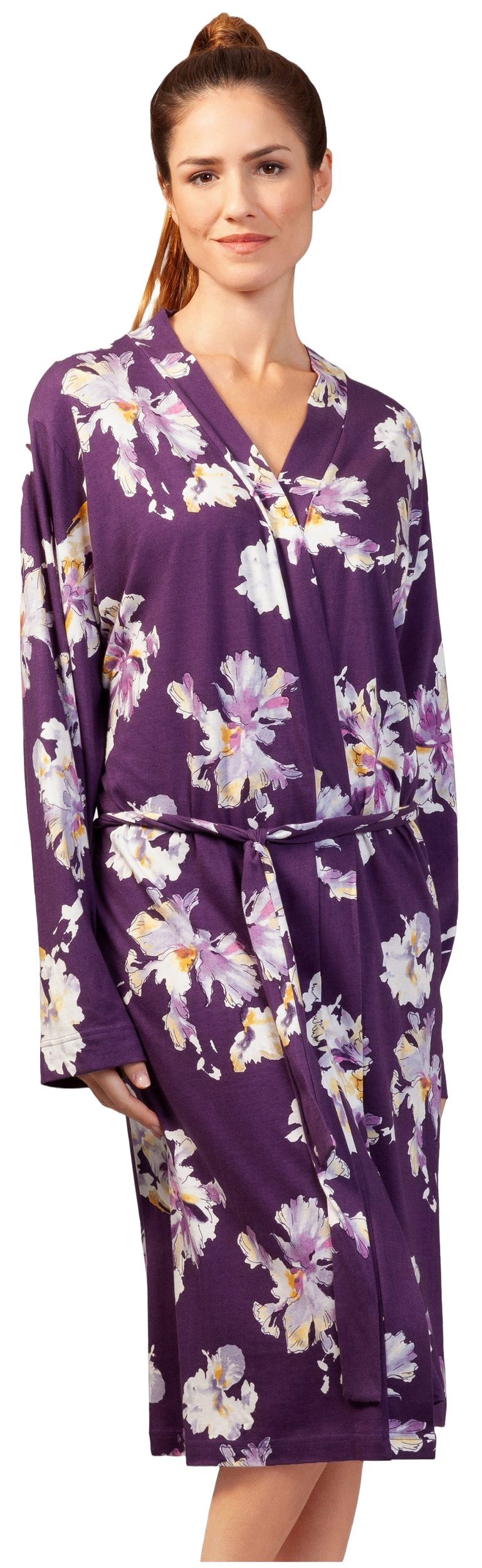 Hajo Kimono Damen Morgenmantel elegant, Midi, Baumwollmischung, Gürtel, Modisches Design