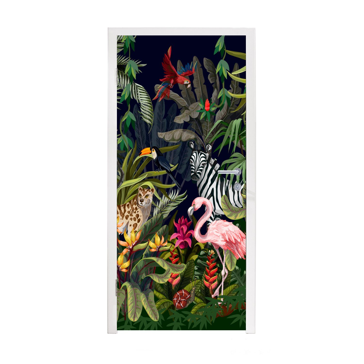 bedruckt, Dschungeltiere - cm MuchoWow - (1 Türtapete Natur - - St), Flamingo Tür, 75x205 Türaufkleber, Fototapete Jungen Matt, - Mädchen für Zebra,