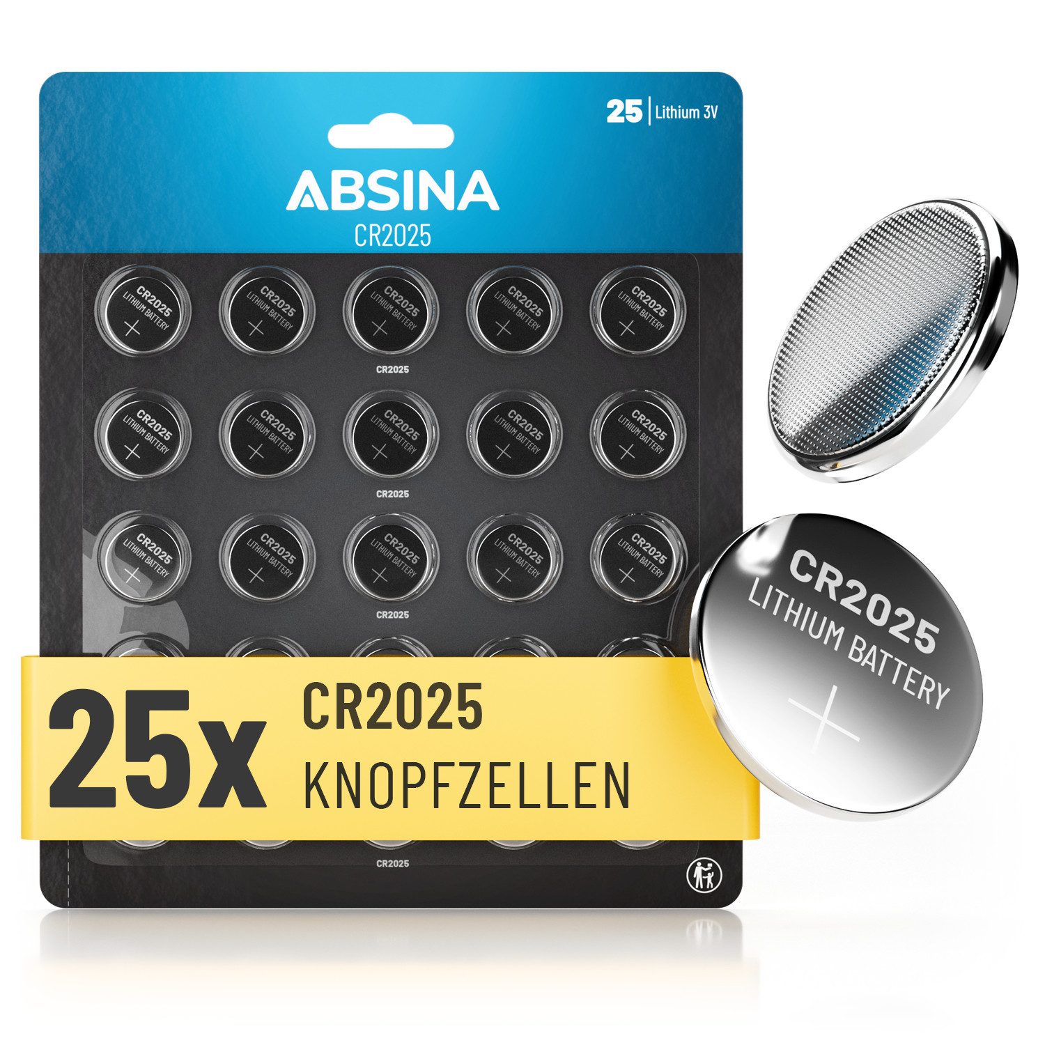 ABSINA Knopfzellen CR2025 25er Pack - CR 2025 Knopfzelle, CR2025 Batterien Knopfzelle, (1 St)