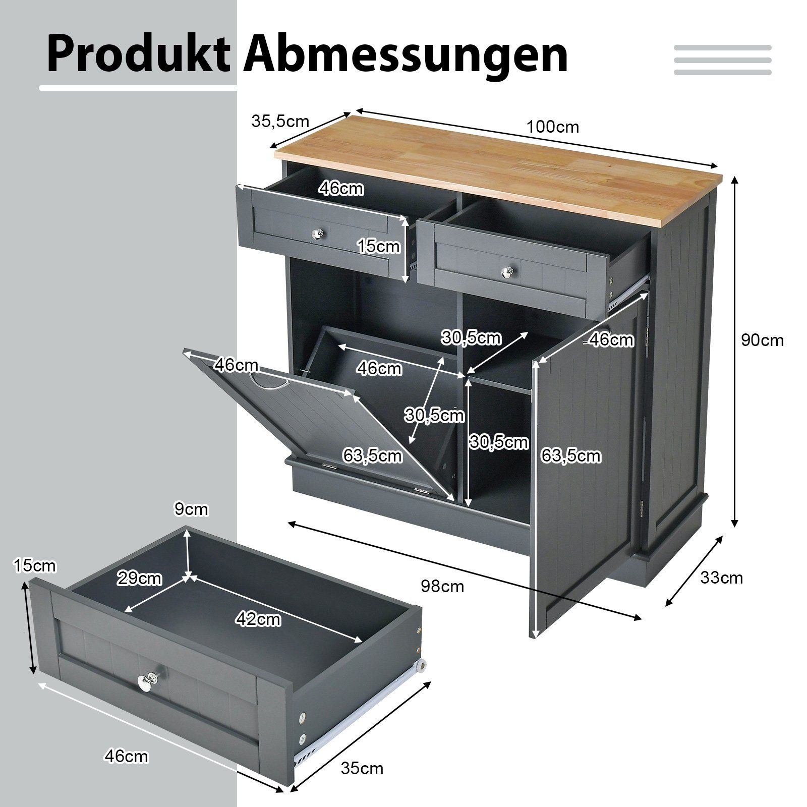 COSTWAY Kommode, für 40L Mülleimer, mit Arbeitplatte, Schublade 100x35,5x90cm
